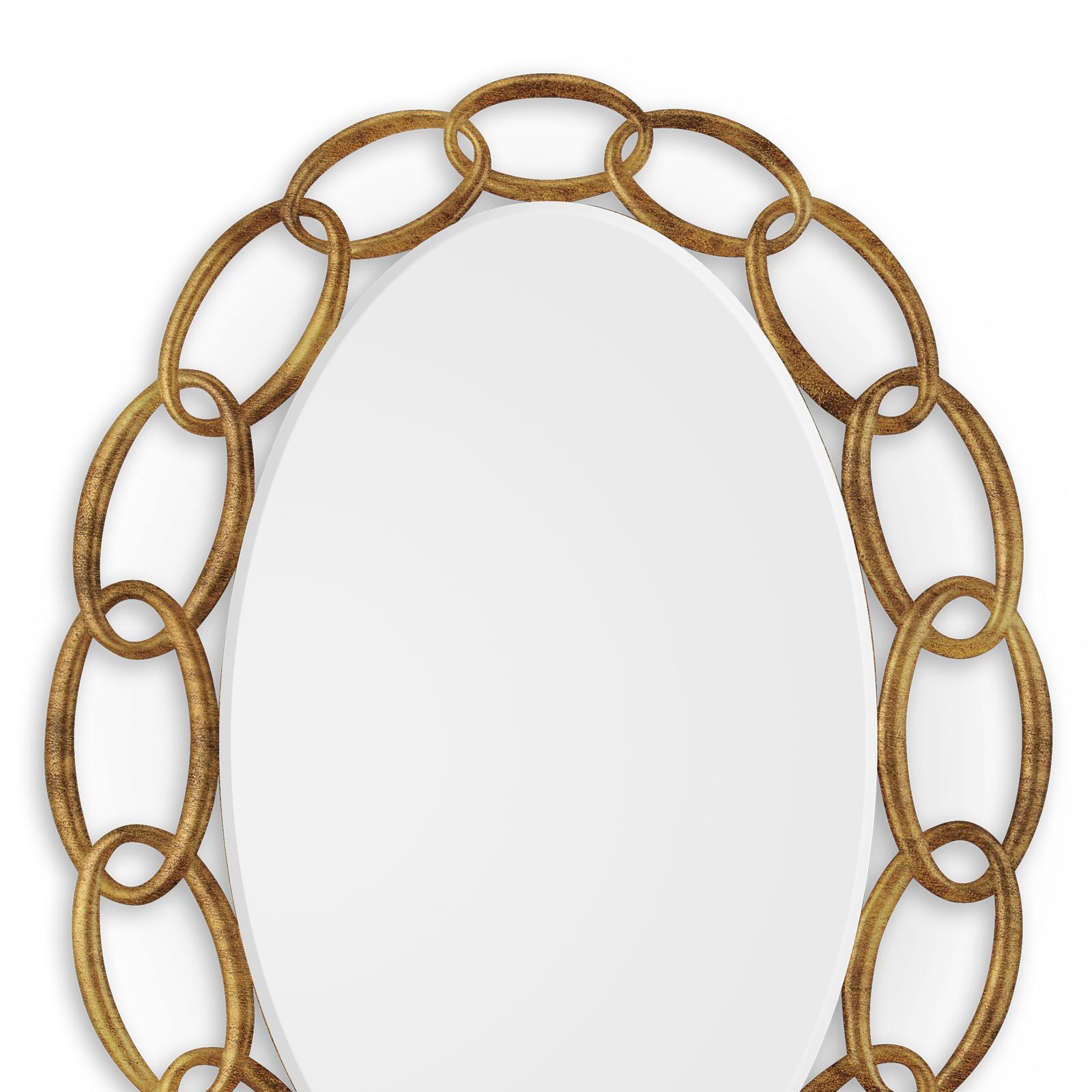 Mirror chain with frame in solid hand-carved
wood in antique gold finish. With bevelled
oval mirror glass.
Available in: in antique silver, red, black
or tobacco finishes.
Available in:
L 77 x D 04 x H 102 cm. Price: 2950,00€.
L 92 x D 04 x H 122cm.