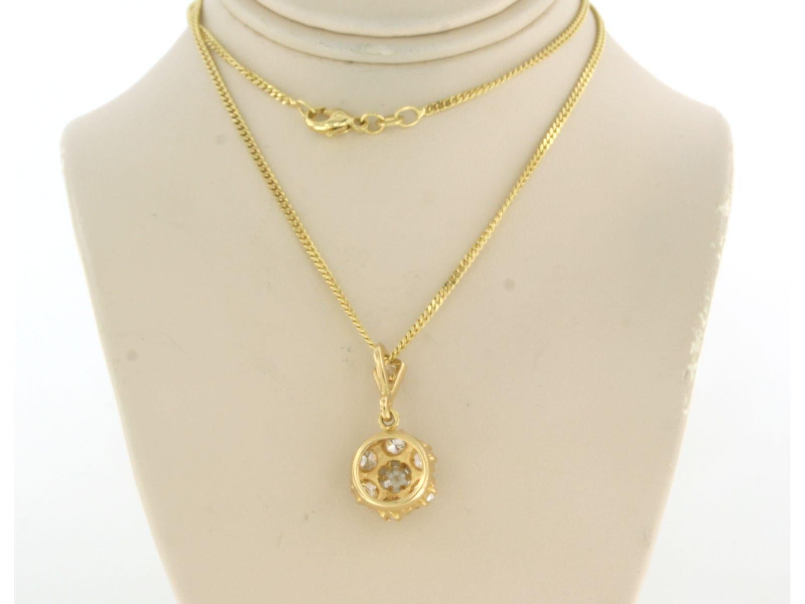 14k yellow gold necklace with an 18k yellow gold entourage pendant set with brilliant and single cut diamonds. 1.28ct - F/G - VS/SI - 45 cm long

detailed description

necklace is 45 cm long and 1.0 mm wide

size of the pendant is approximately 2.9