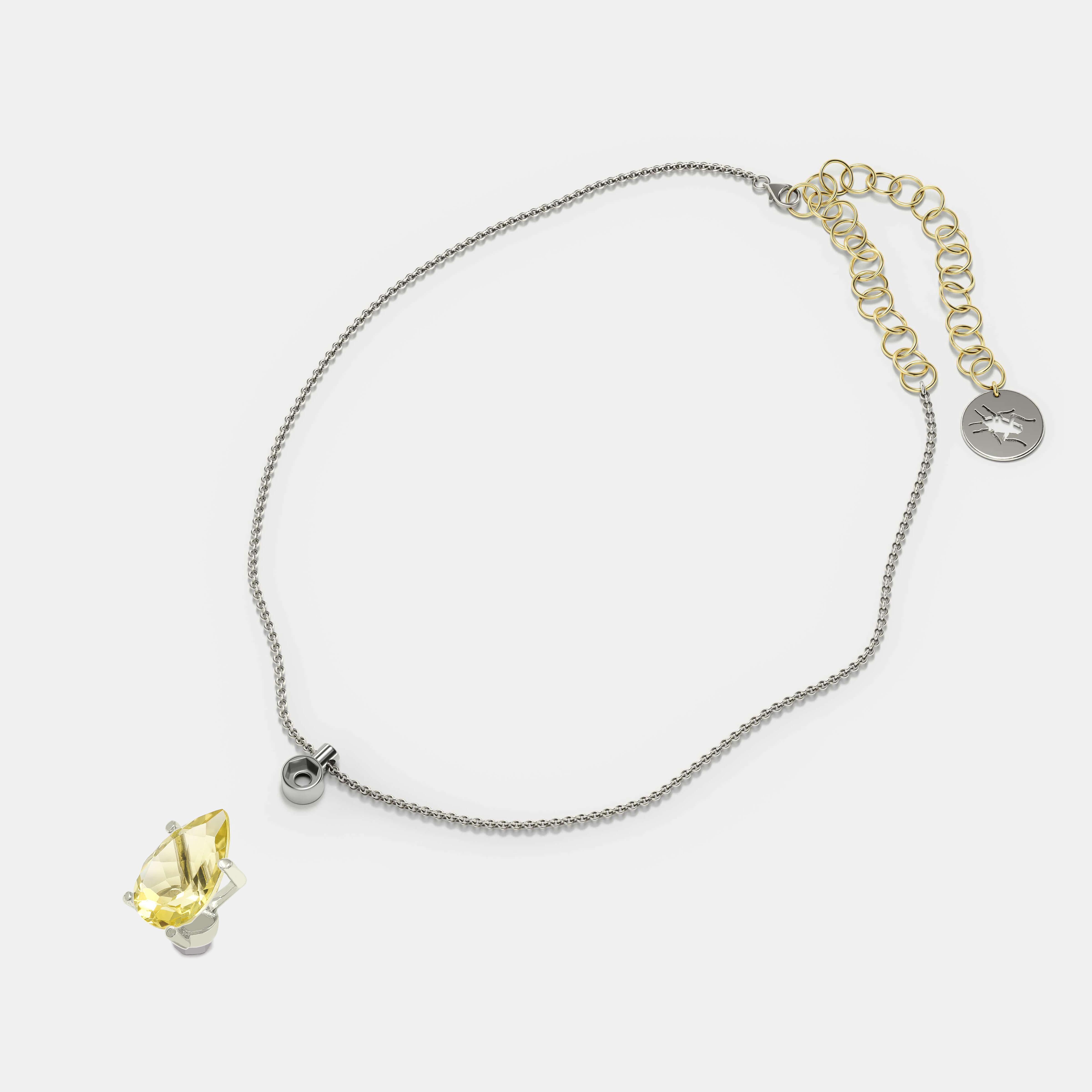 Fine Chain Necklace Gold 
with Lemon Quartz in White Gold, 18K head
Maximum length - 45 cm, minimum length - 35 cm

You can put and take on the Lemon Quartz in a Chain Necklace.
This is only possible with a surgical steel mechanism. Surgical steel