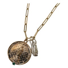 Chaîne collier médaillon chaîne épaisse médaille diamant blanc émeraude bronze J Dauphin