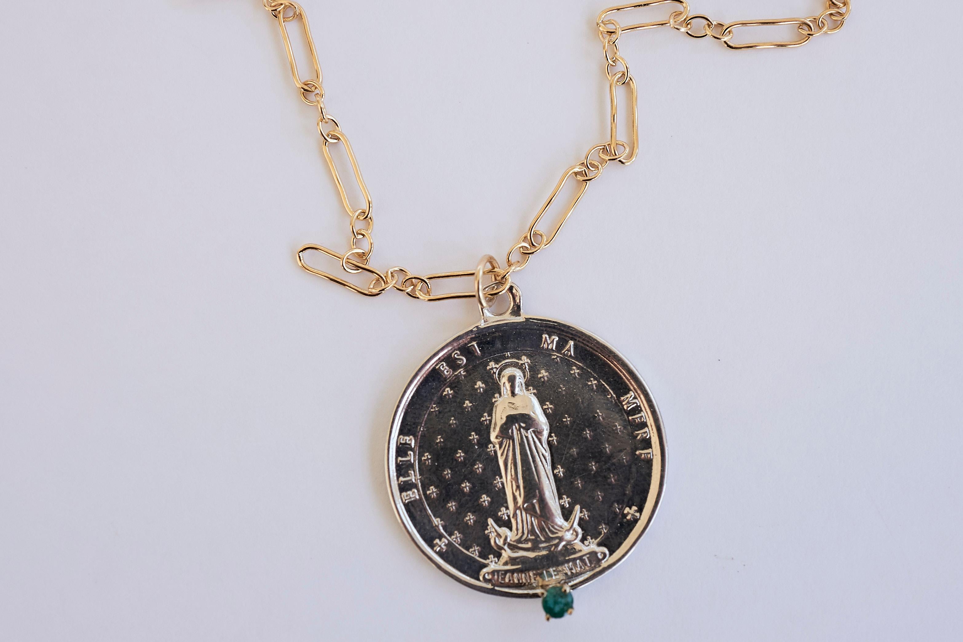 Contemporary Chain Necklace Medal Coin Silver Emerald Gold Filled Jeanne Le Mat J Dauphin For Sale