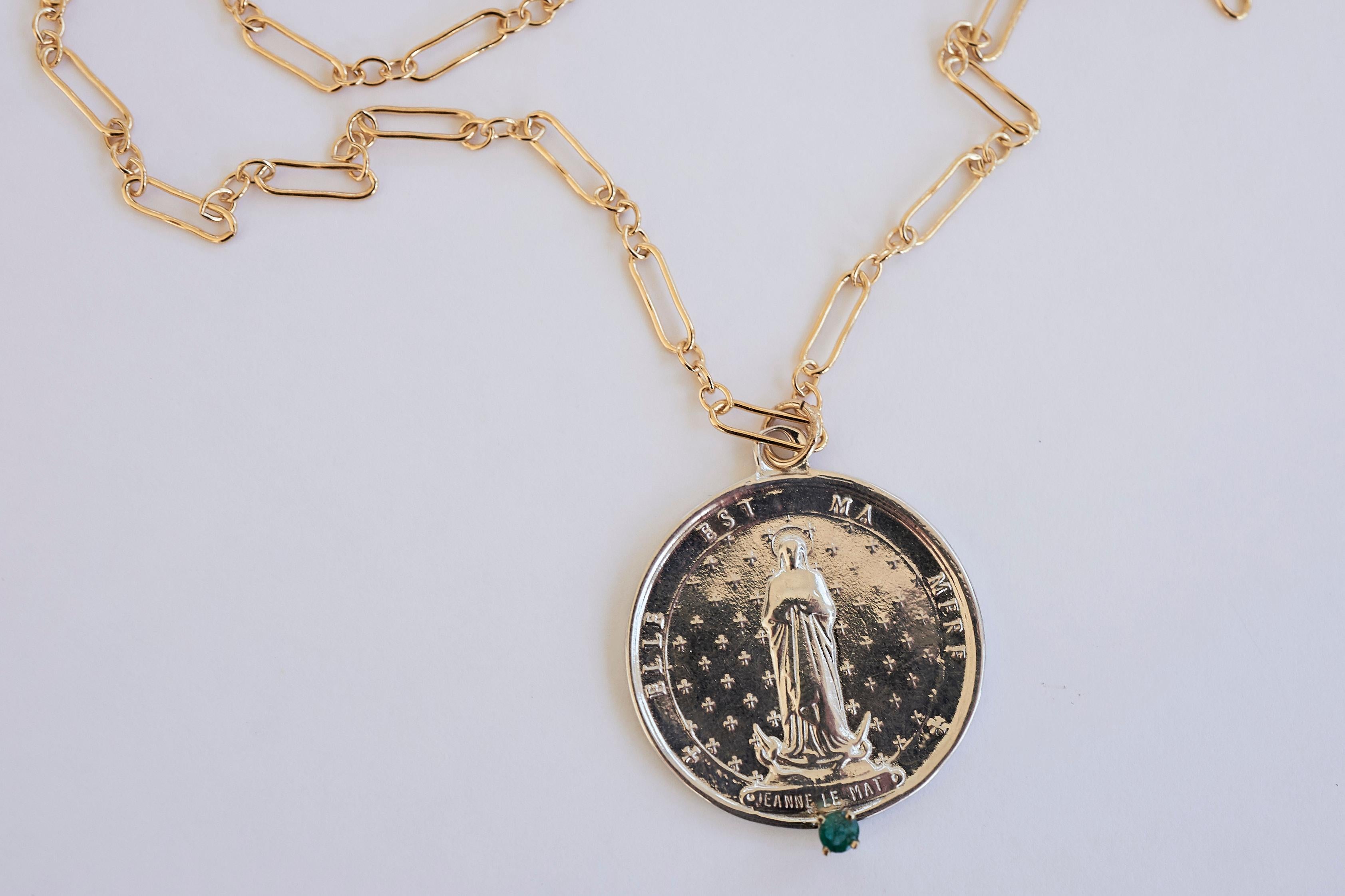 Women's Chain Necklace Medal Coin Silver Emerald Gold Filled Jeanne Le Mat J Dauphin For Sale