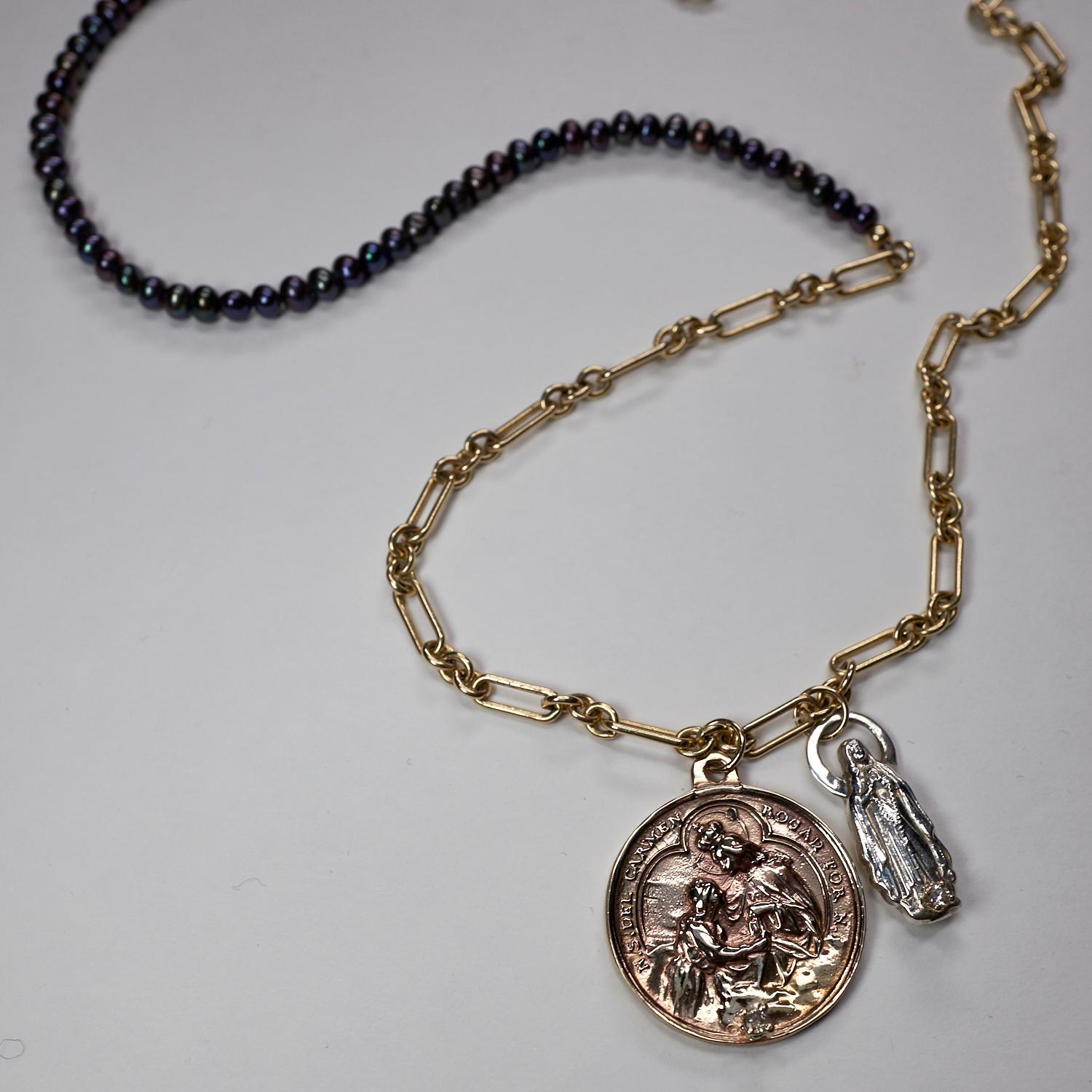 Victorian Chain Necklace Medal Coin Virgin Mary White Diamond Black Pearl Chunky J Dauphin For Sale