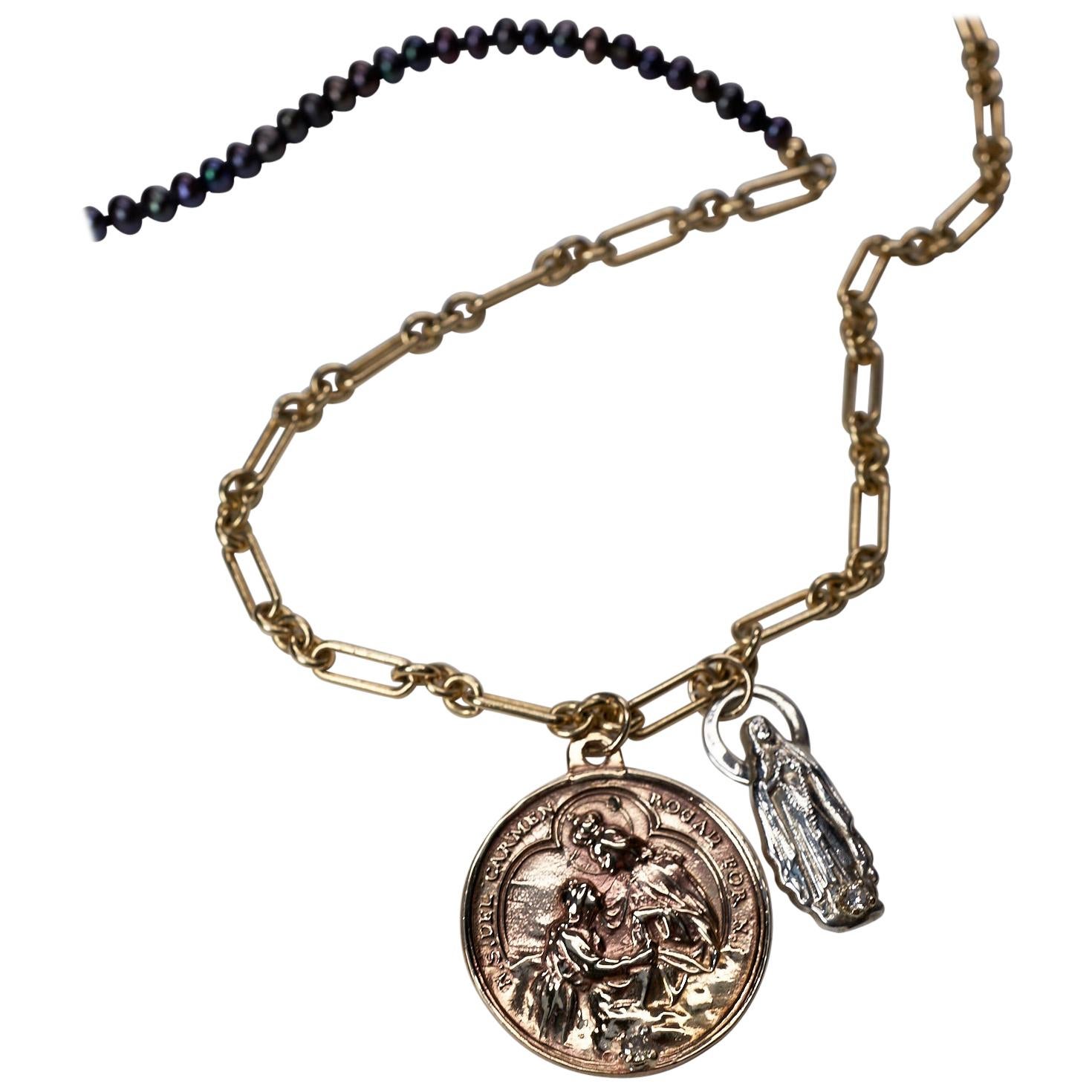 Chaîne collier médaillon avec pièce de monnaie de la Vierge Marie en diamant blanc et perle noire épaisse J Dauphin