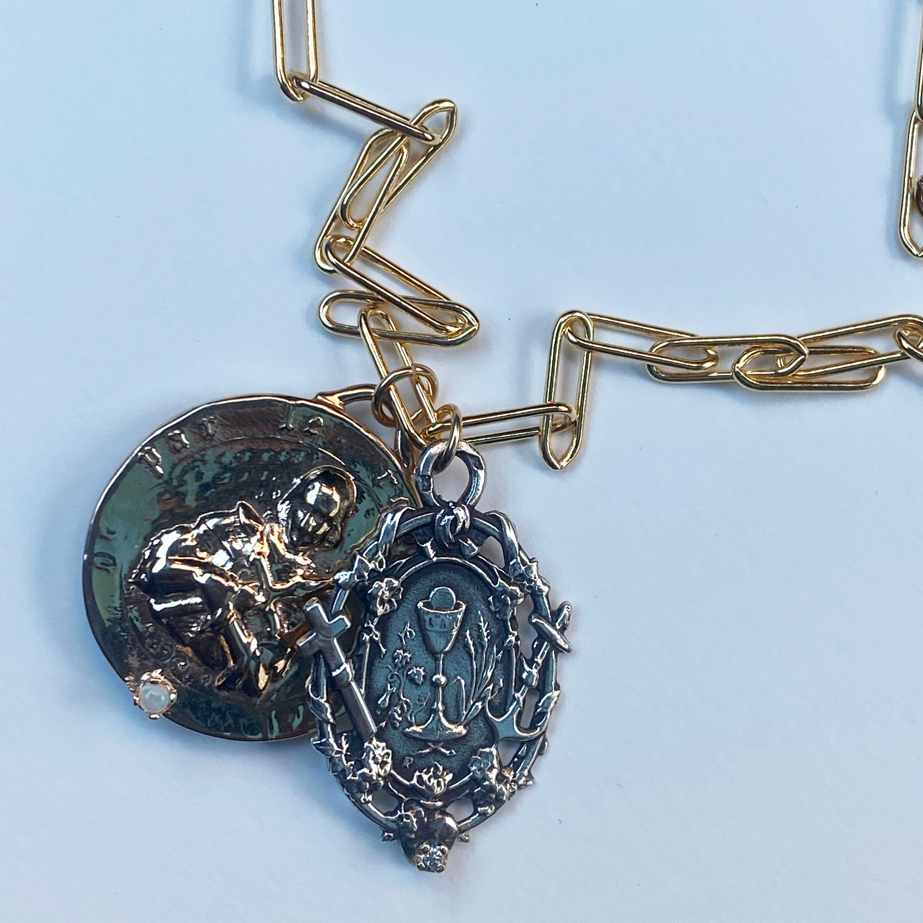 Victorian White Diamond Joan of Arc Chain Necklace Medal Faith Hope Love Opal J Dauphin For Sale