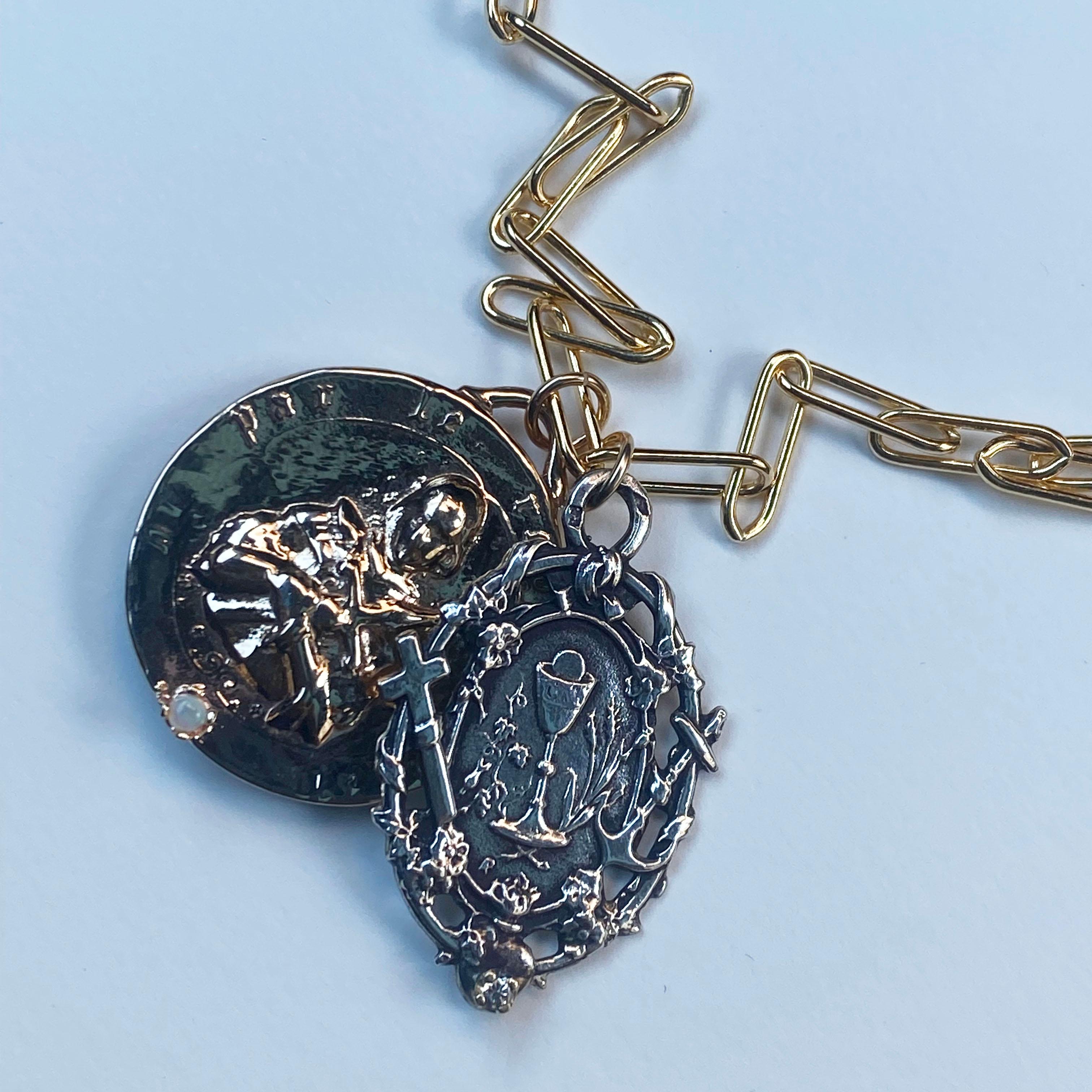 Brilliant Cut White Diamond Joan of Arc Chain Necklace Medal Faith Hope Love Opal J Dauphin For Sale
