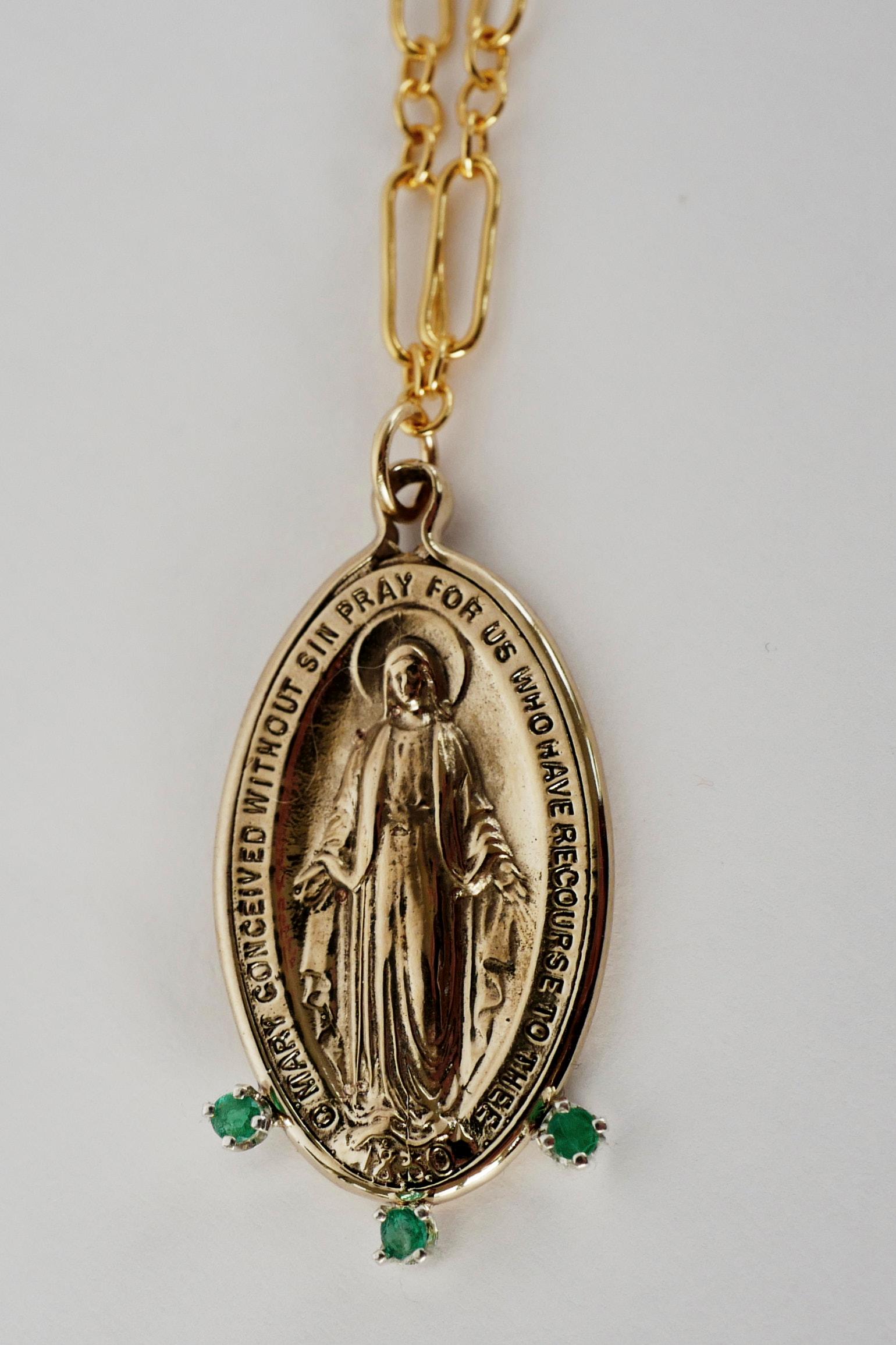 Brilliant Cut Chain Necklace Medal Virgin Mary Miraculous Opals Oval Pendant Bronze J Dauphin For Sale