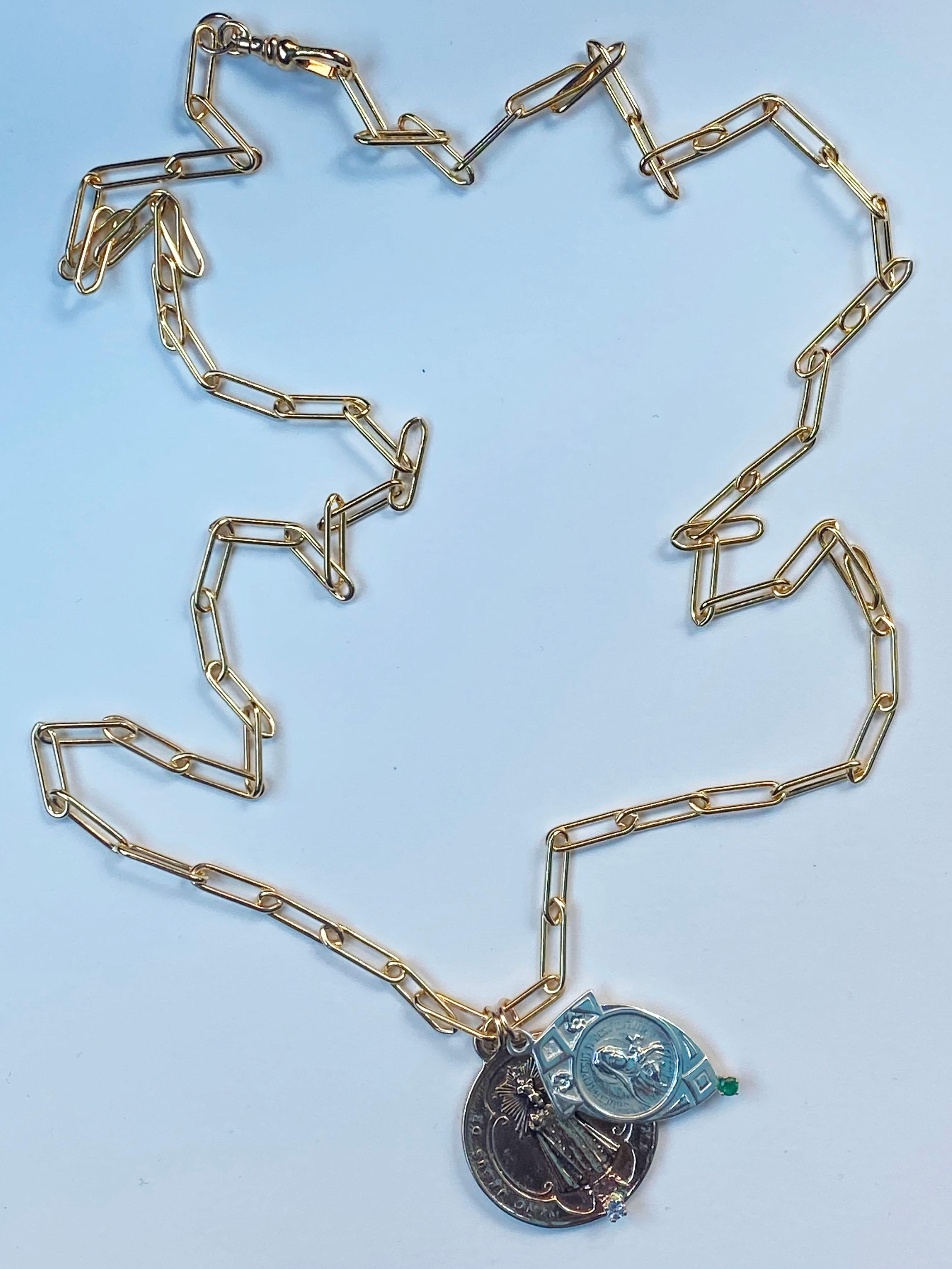 Brilliant Cut Medal Virgin Mary Chain Necklace Emerald Aquamarine Silver Bronze J Dauphin For Sale