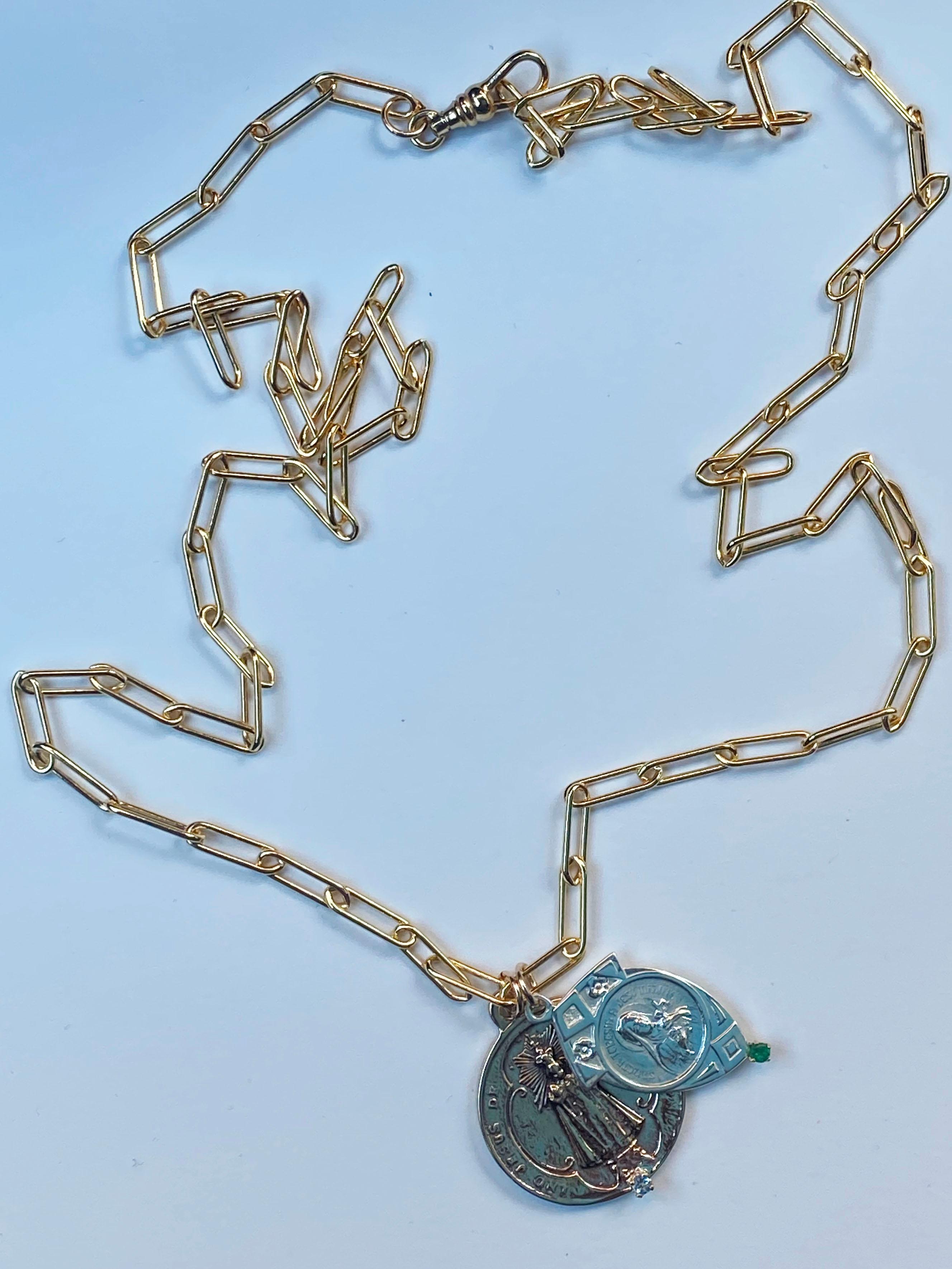 Medal Virgin Mary Chain Necklace Emerald Aquamarine Silver Bronze J Dauphin In New Condition For Sale In Los Angeles, CA