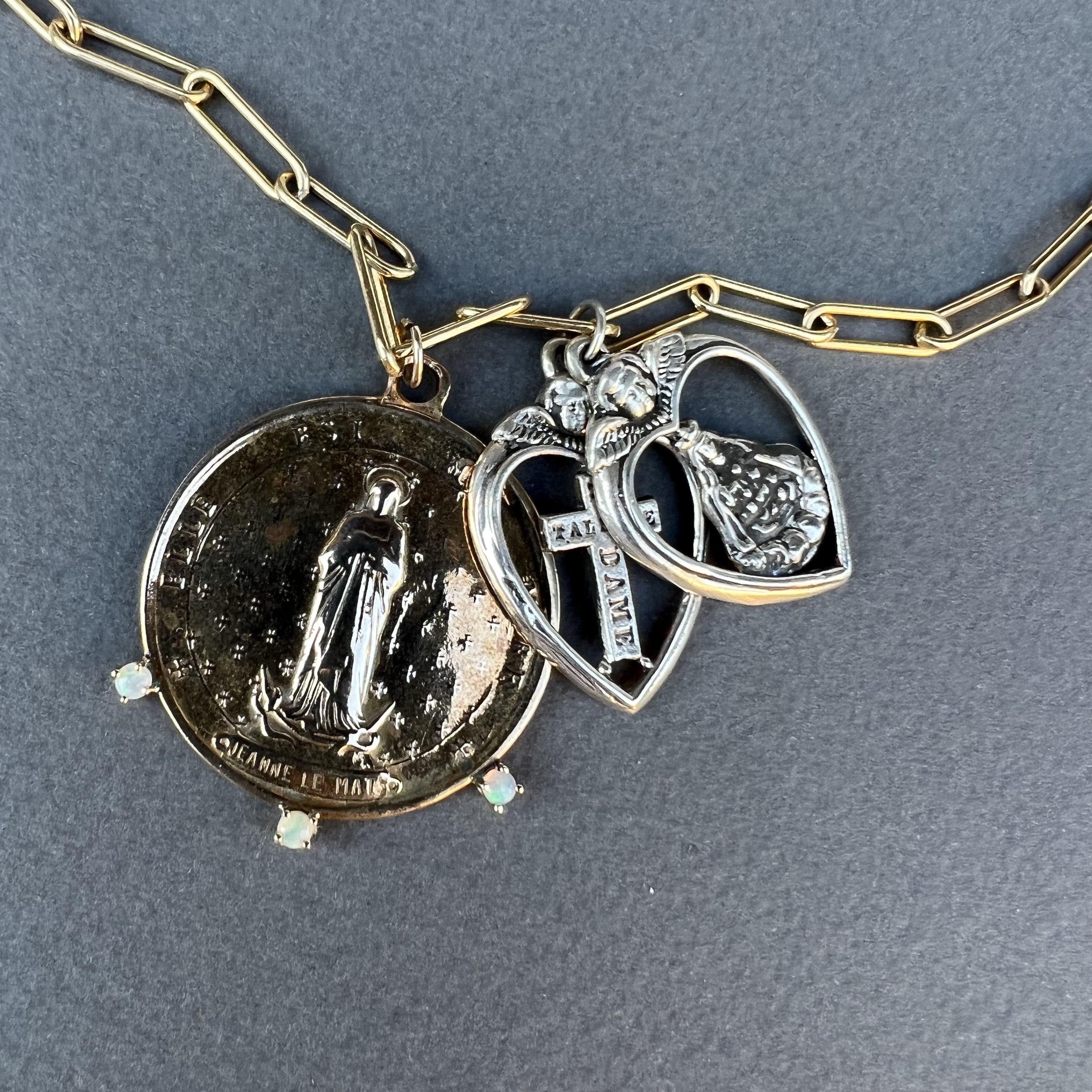 Kette Halskette Opal Französische Medaille Heiliges Herz Anhänger Silber J Dauphin Damen im Angebot