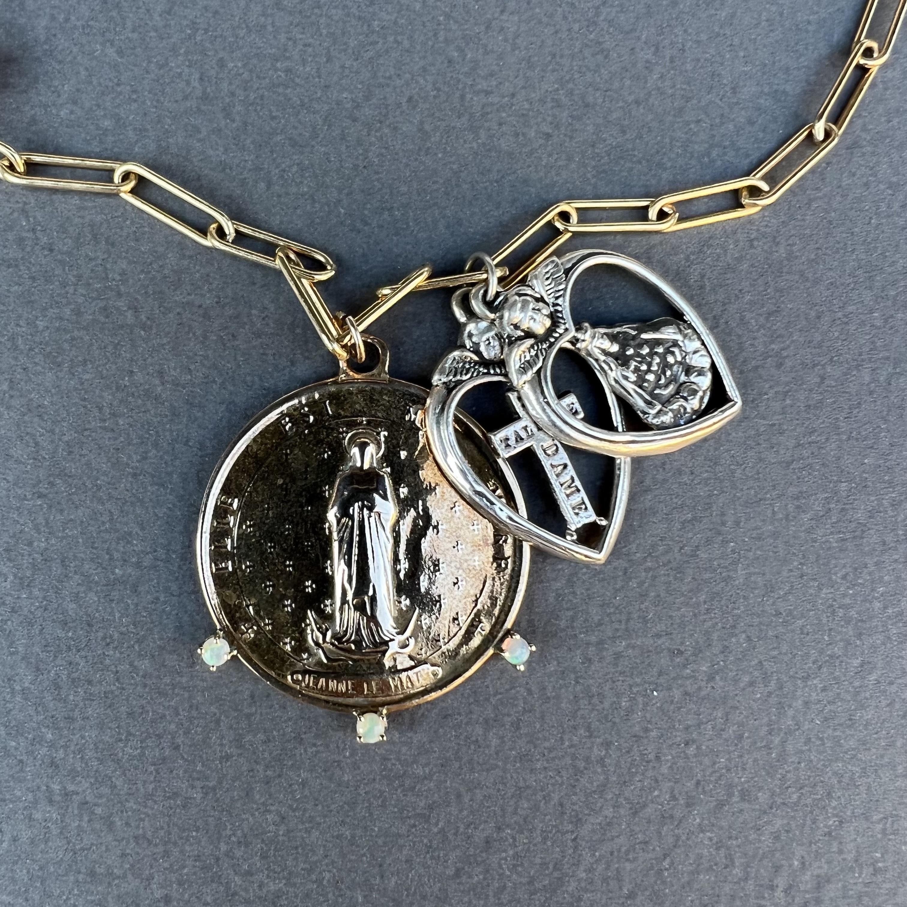 Kette Halskette Opal Französische Medaille Heiliges Herz Anhänger Silber J Dauphin im Angebot 1