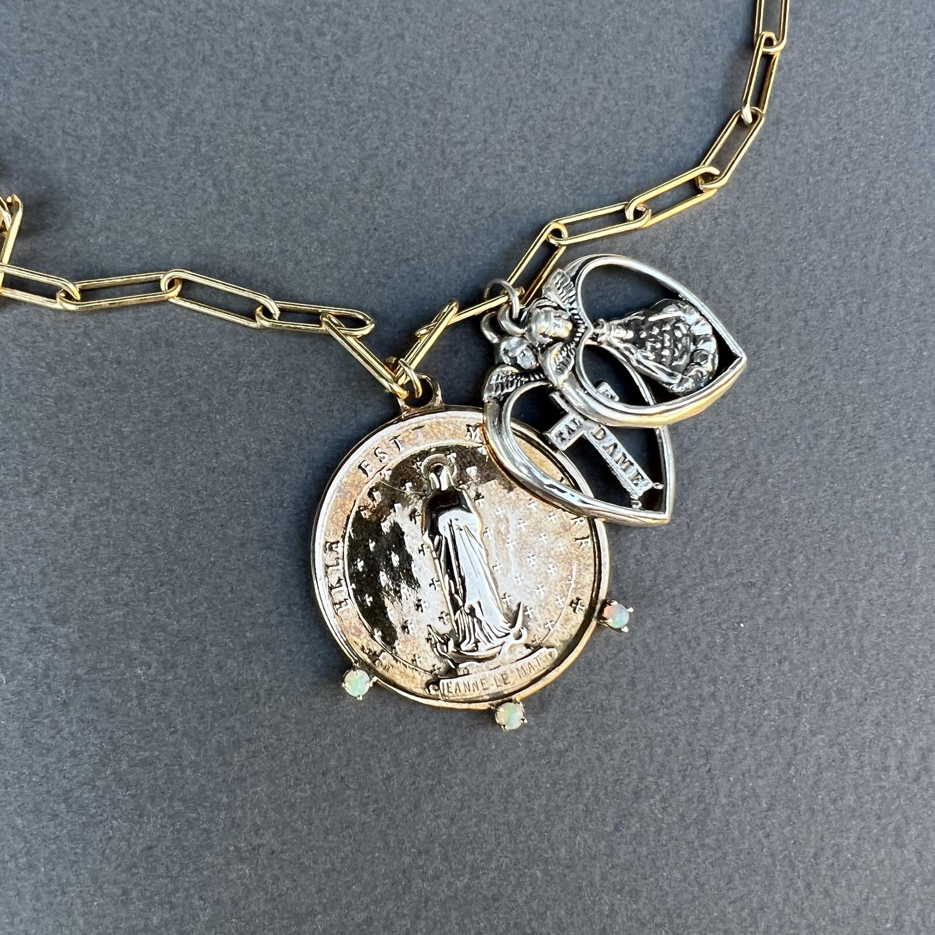 Kette Halskette Opal Französische Medaille Heiliges Herz Anhänger Silber J Dauphin im Angebot 2