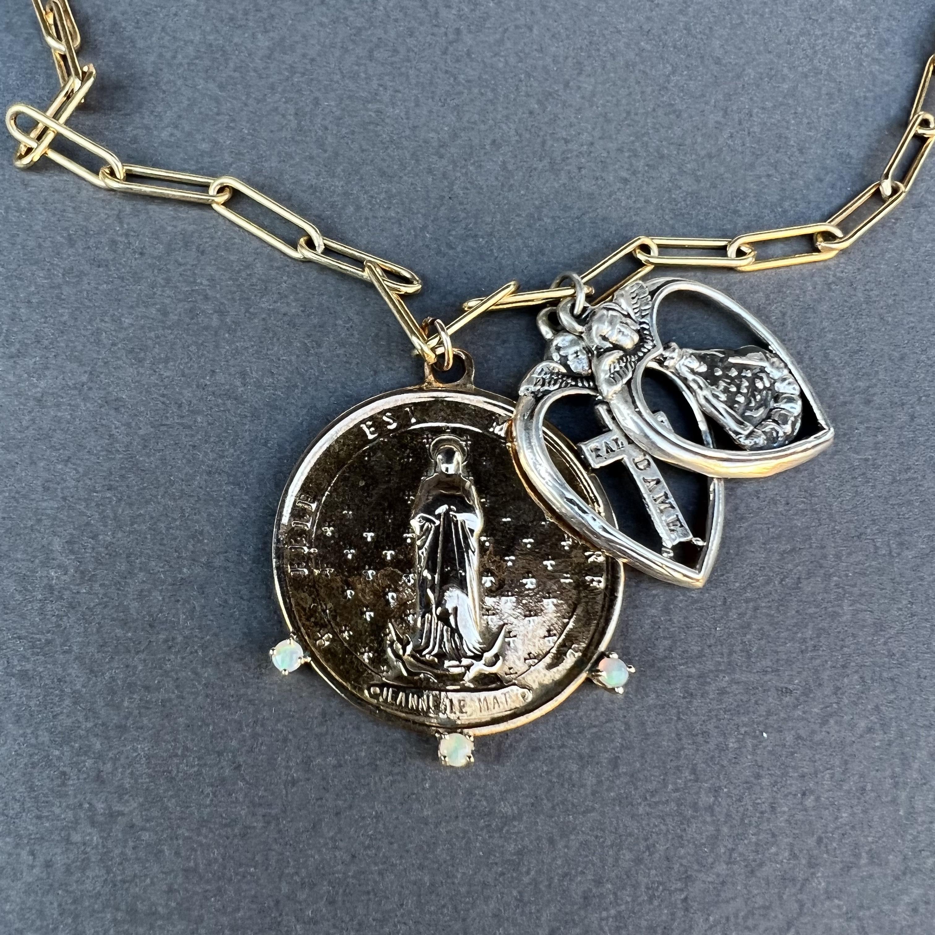 Kette Halskette Opal Französische Medaille Heiliges Herz Anhänger Silber J Dauphin im Angebot 3