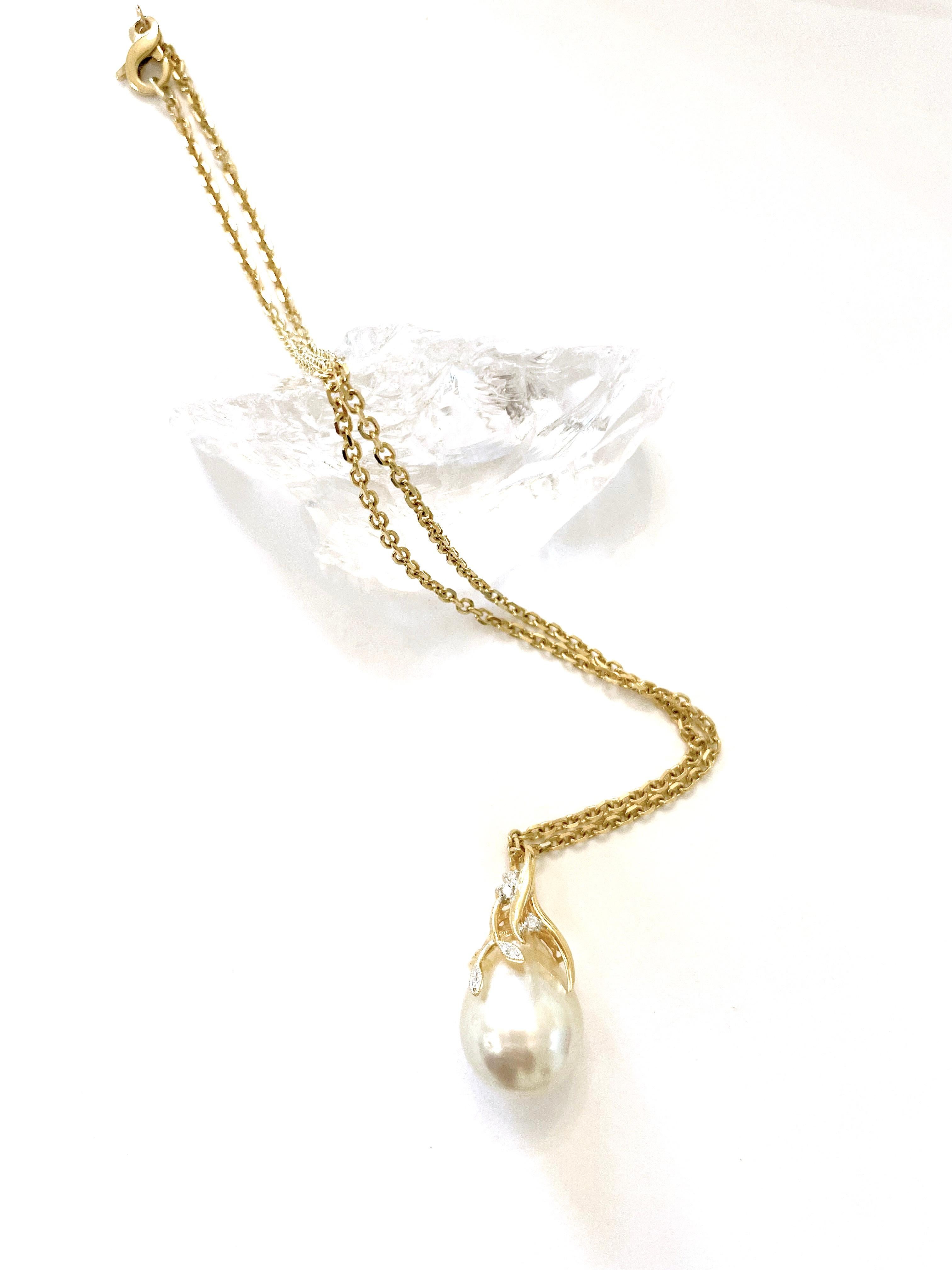 Artisan Chain Necklace with Golden South Sea Pearl and Diamond Pendant For Sale