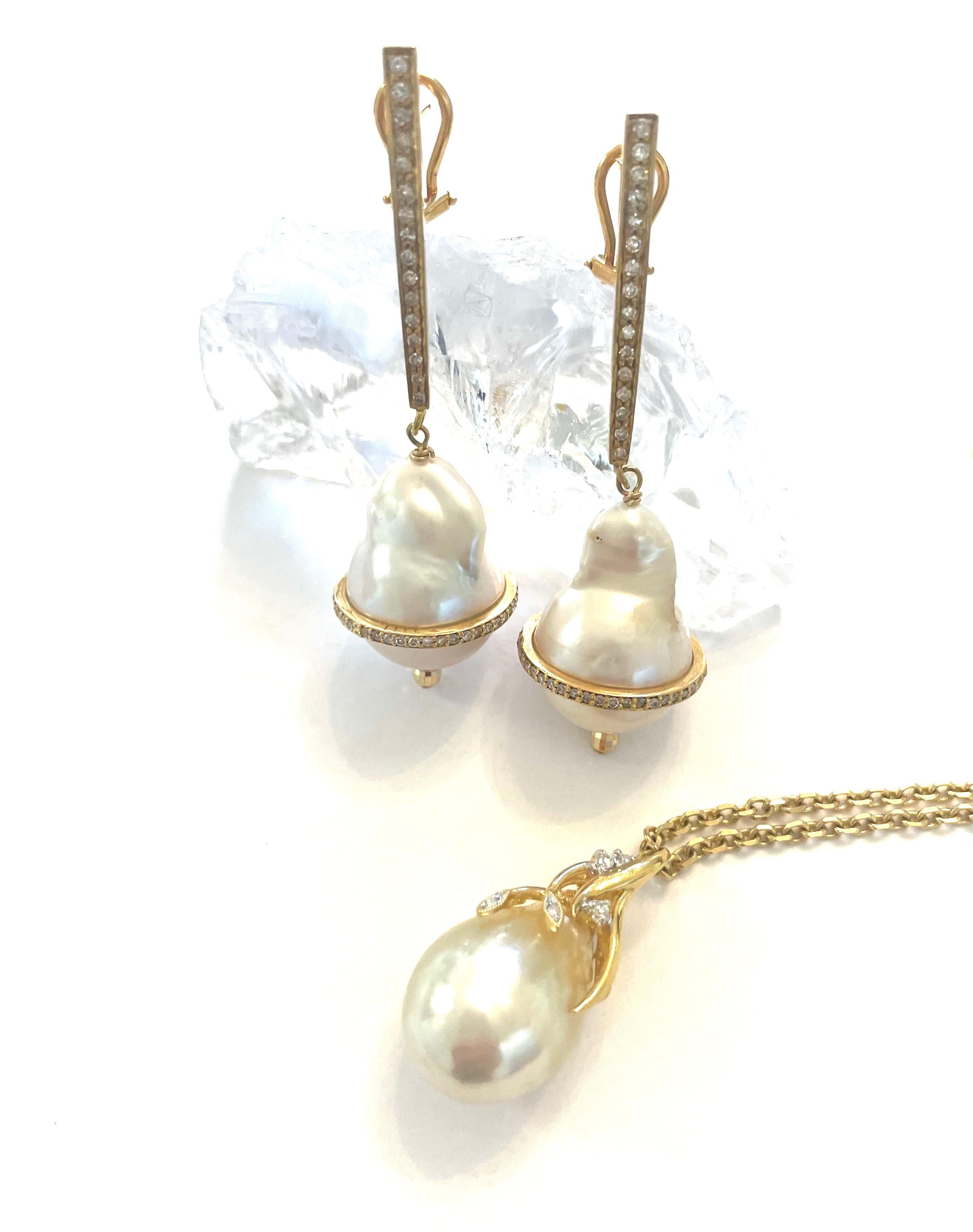 Women's Chain Necklace with Golden South Sea Pearl and Diamond Pendant For Sale