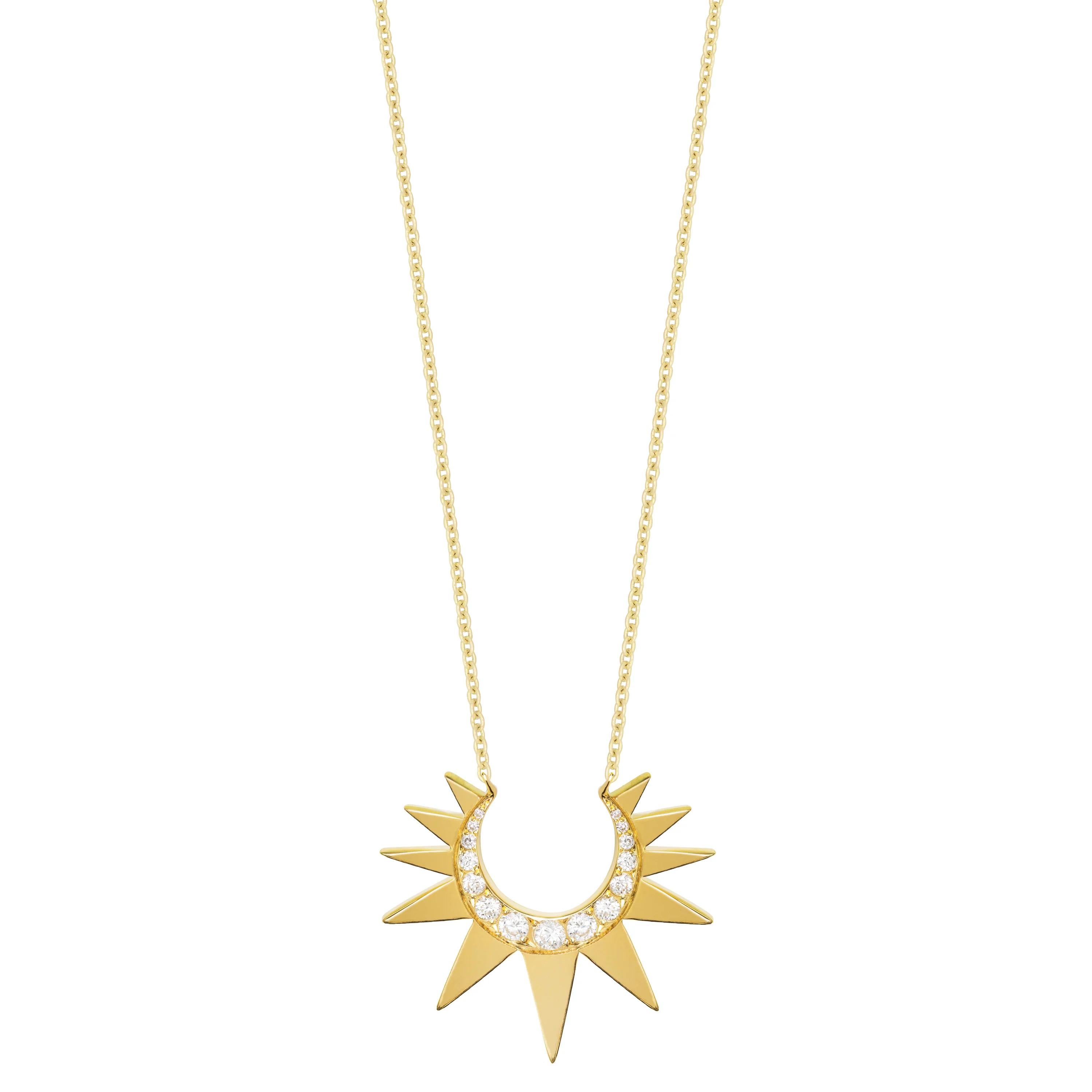 Women's Chain Necklace with Small Diamond Crescent Sun For Sale