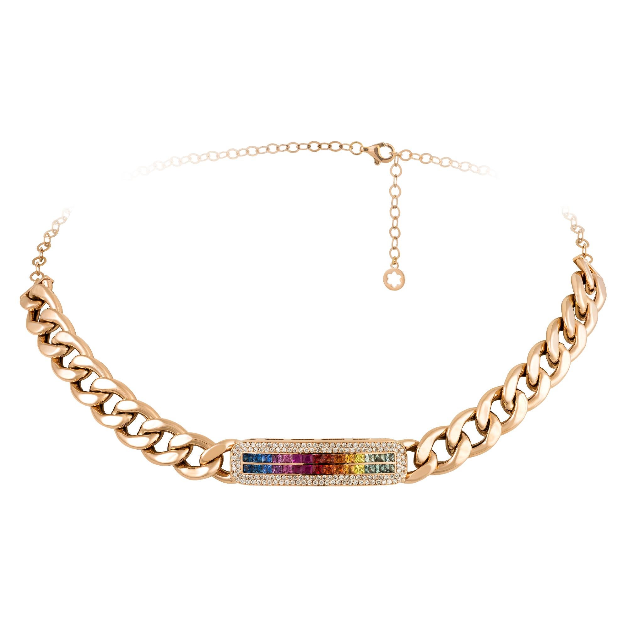 Modern Chain Pink Gold 18K Multi Sapphire Necklace Diamond For Her For Sale