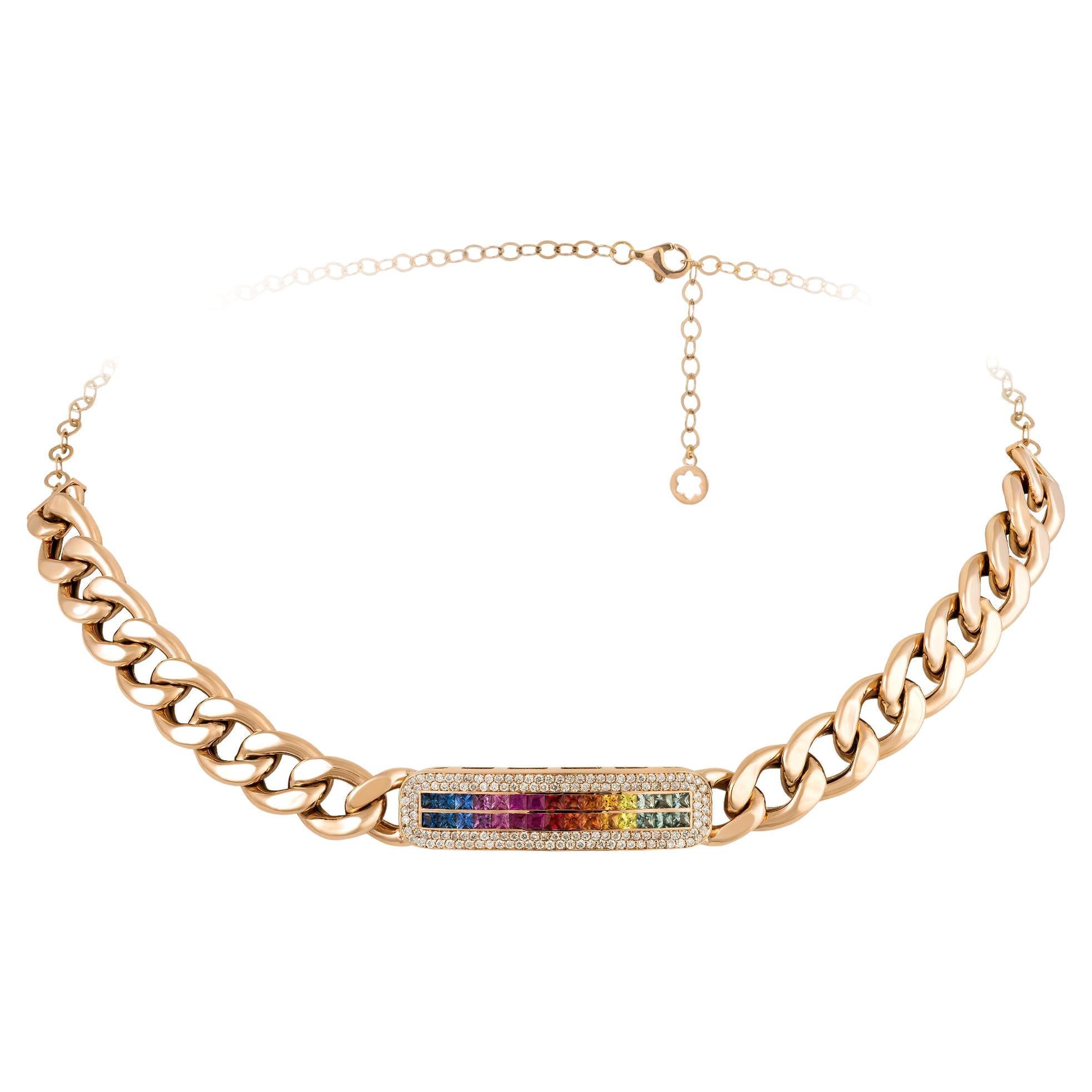 Chain Pink Gold 18K Multi Sapphire Necklace Diamond For Her