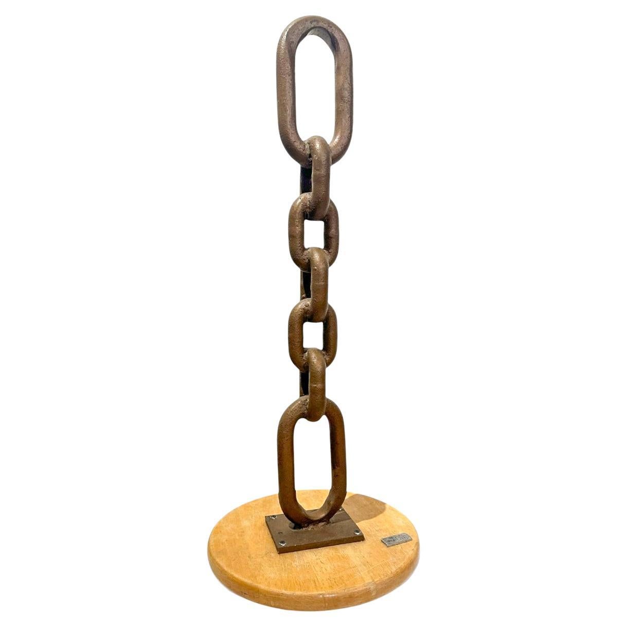 Chain Sculpture, Welded Industrial Heavy Duty Chain Link on a Wooden Base