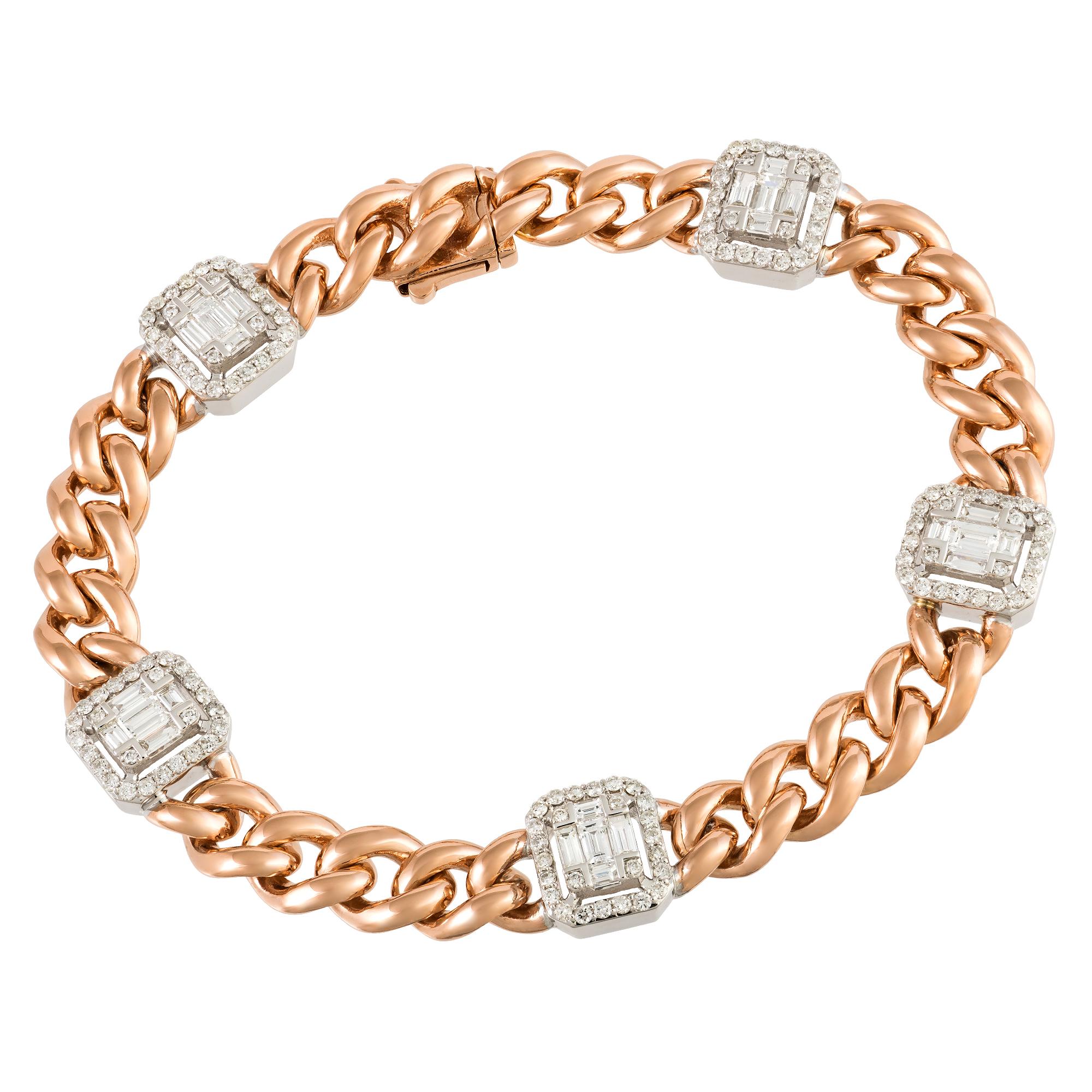 BRACELET 18K White/Pink Gold Diamond 0.92 Cts/130 Pcs Tapered Baguette  0.90 Cts/25 Pcs