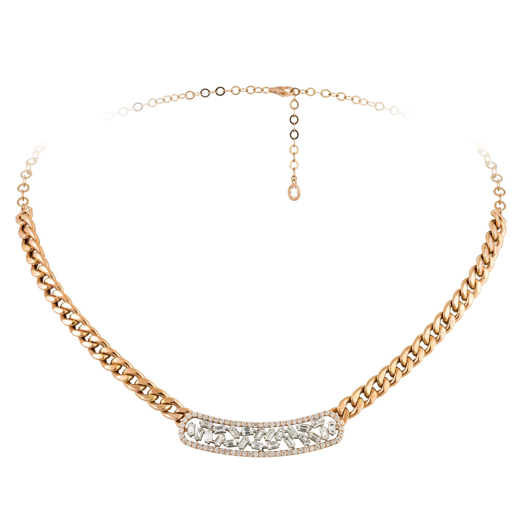 NECKLACE 18K White/Pink Gold Diamond 0.51 Cts/64 Pcs Tapered Baguette 0.94 Cts/23 Pcs
