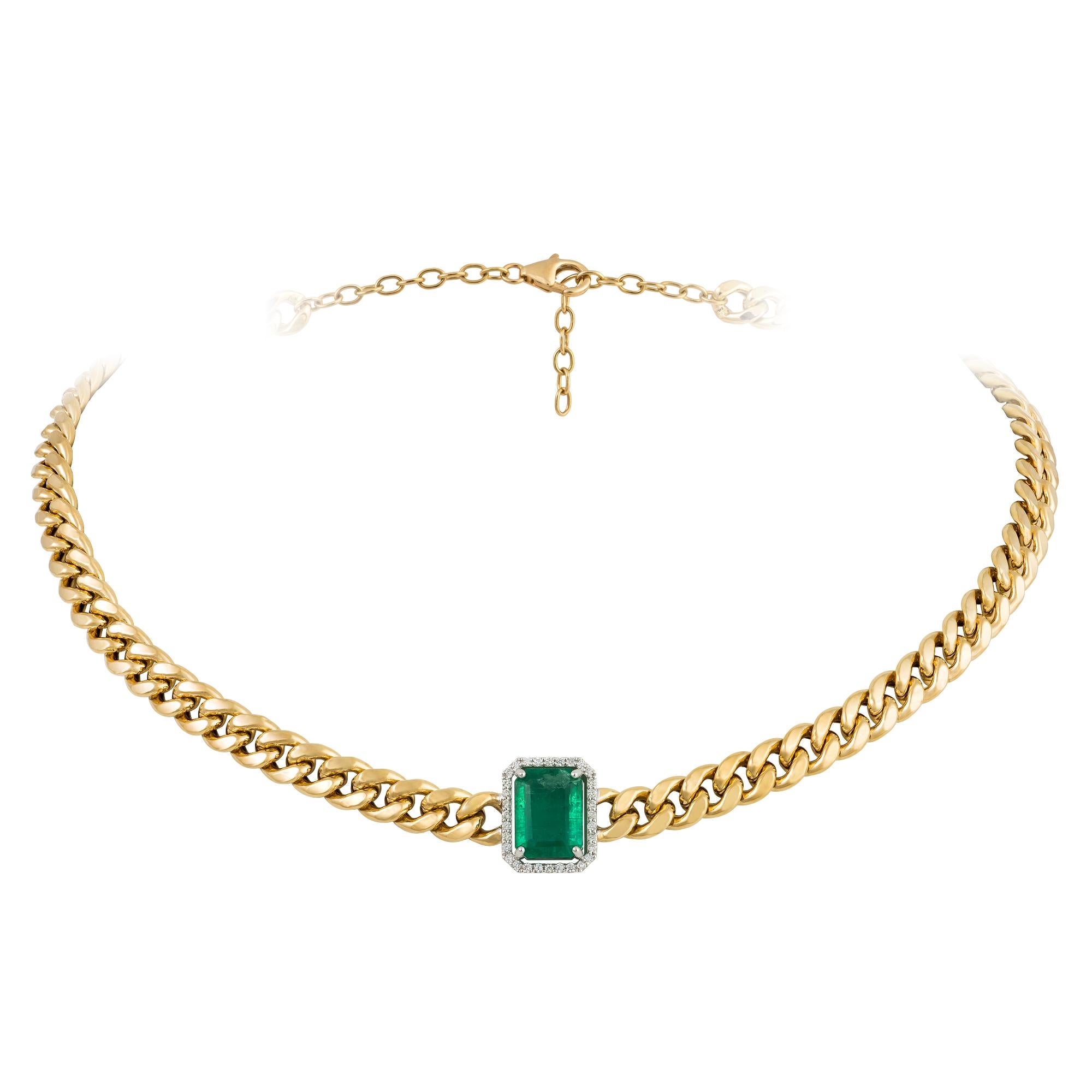 Modern Chain White Yellow Gold 18K Necklace Emerald Diamond For Her For Sale