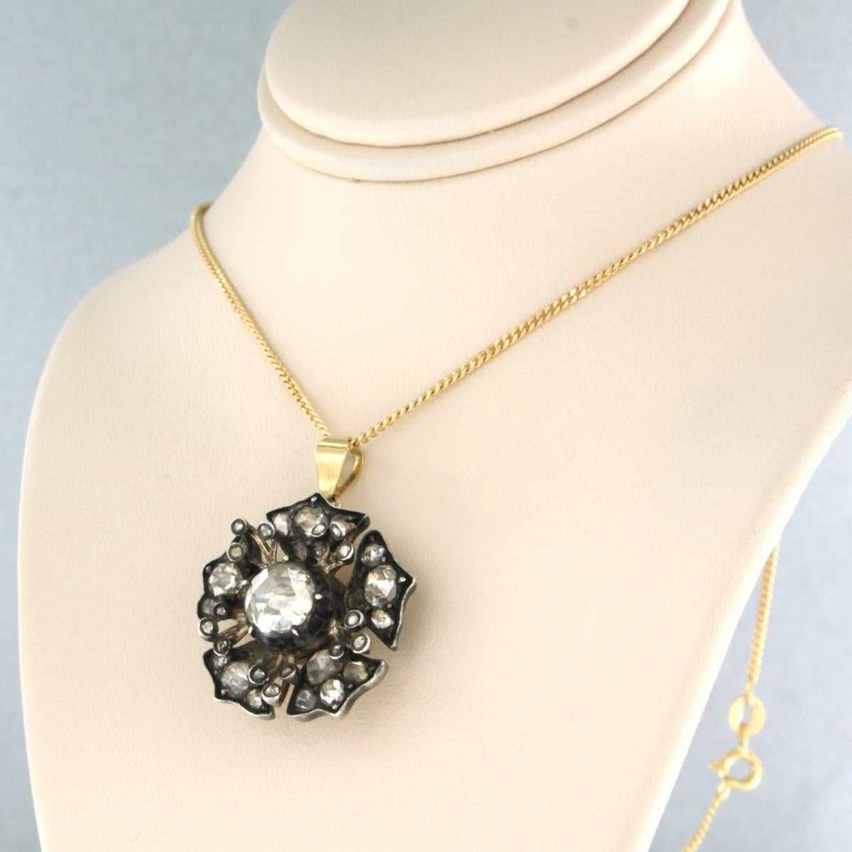 Rose Cut Chain with Pendant set with diamonds 14k yellow gold and silver For Sale