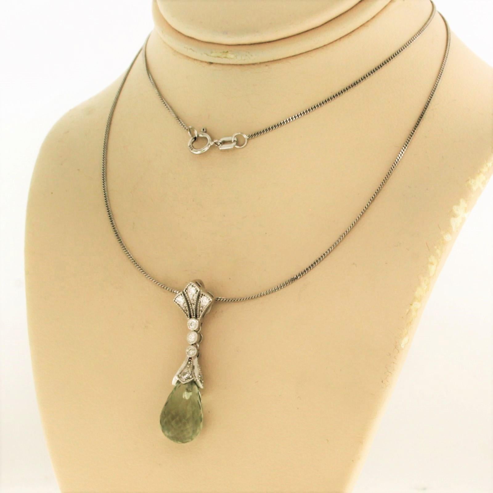 Brilliant Cut Chain with pendant set with green amethyst and diamonds 14k white gold For Sale