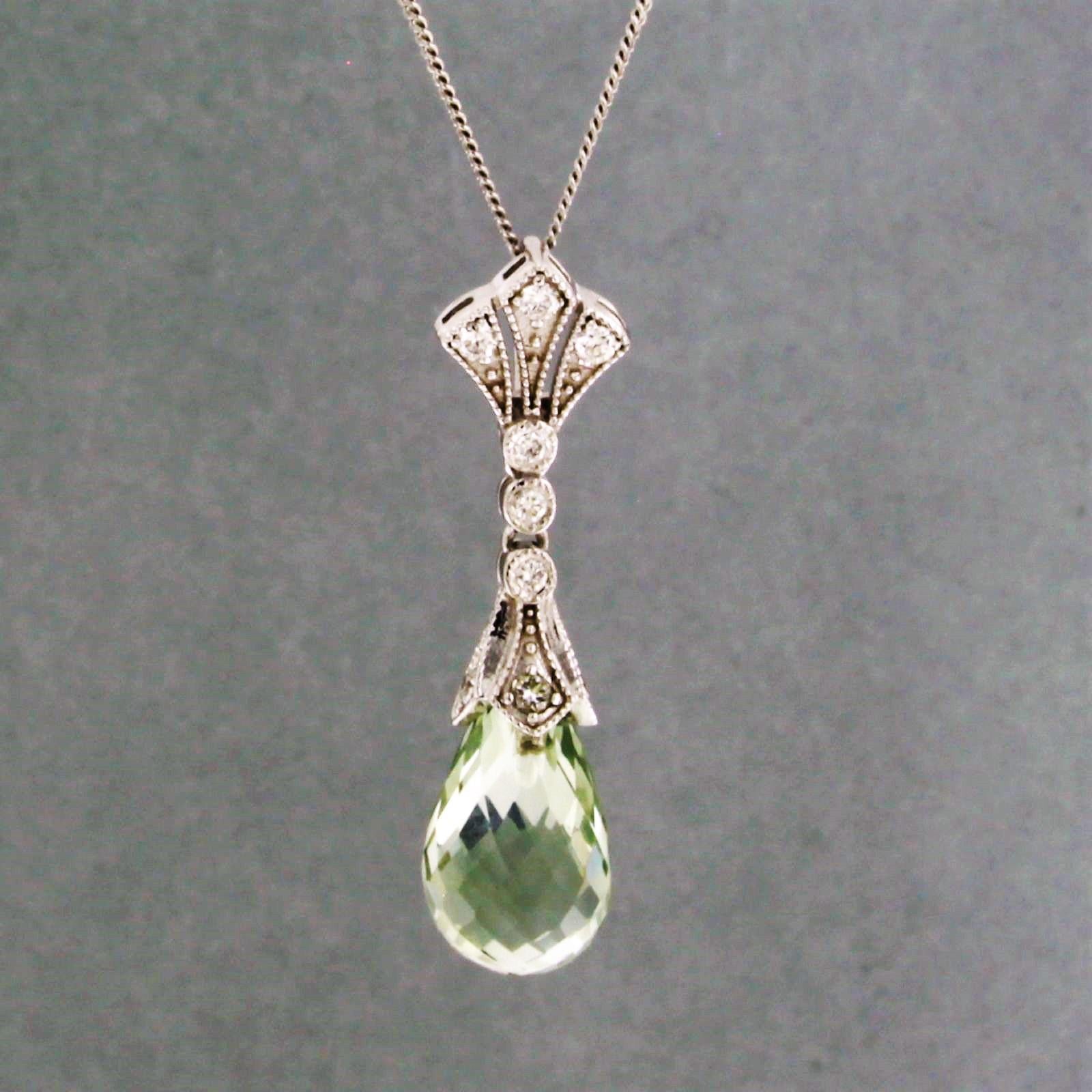 Chain with pendant set with green amethyst and diamonds 14k white gold For Sale 1
