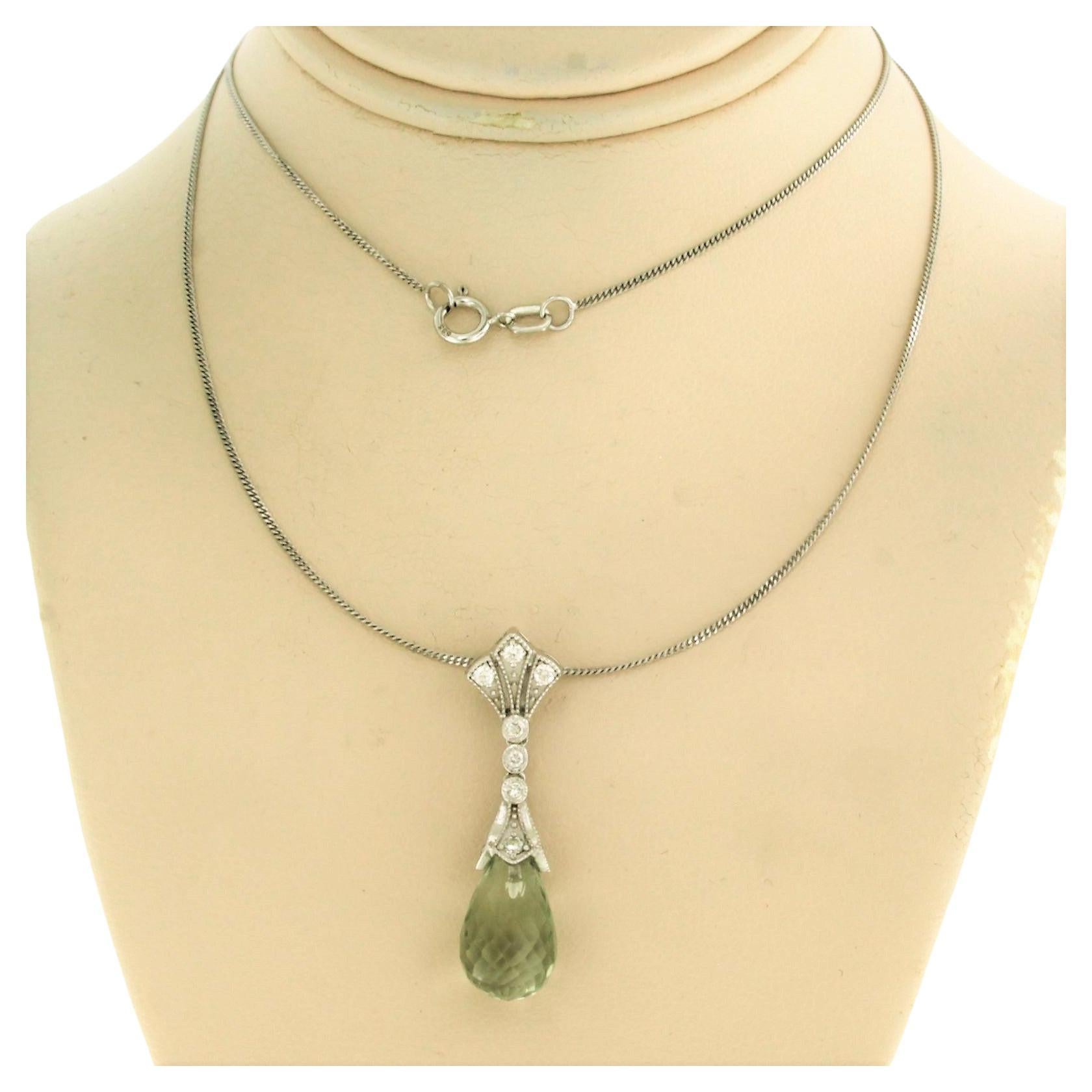 Chain with pendant set with green amethyst and diamonds 14k white gold For Sale