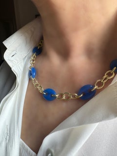Chaine d'Ancre Marine 24K Gold Plated Silver Sterling Blue Agate Necklace cm 45