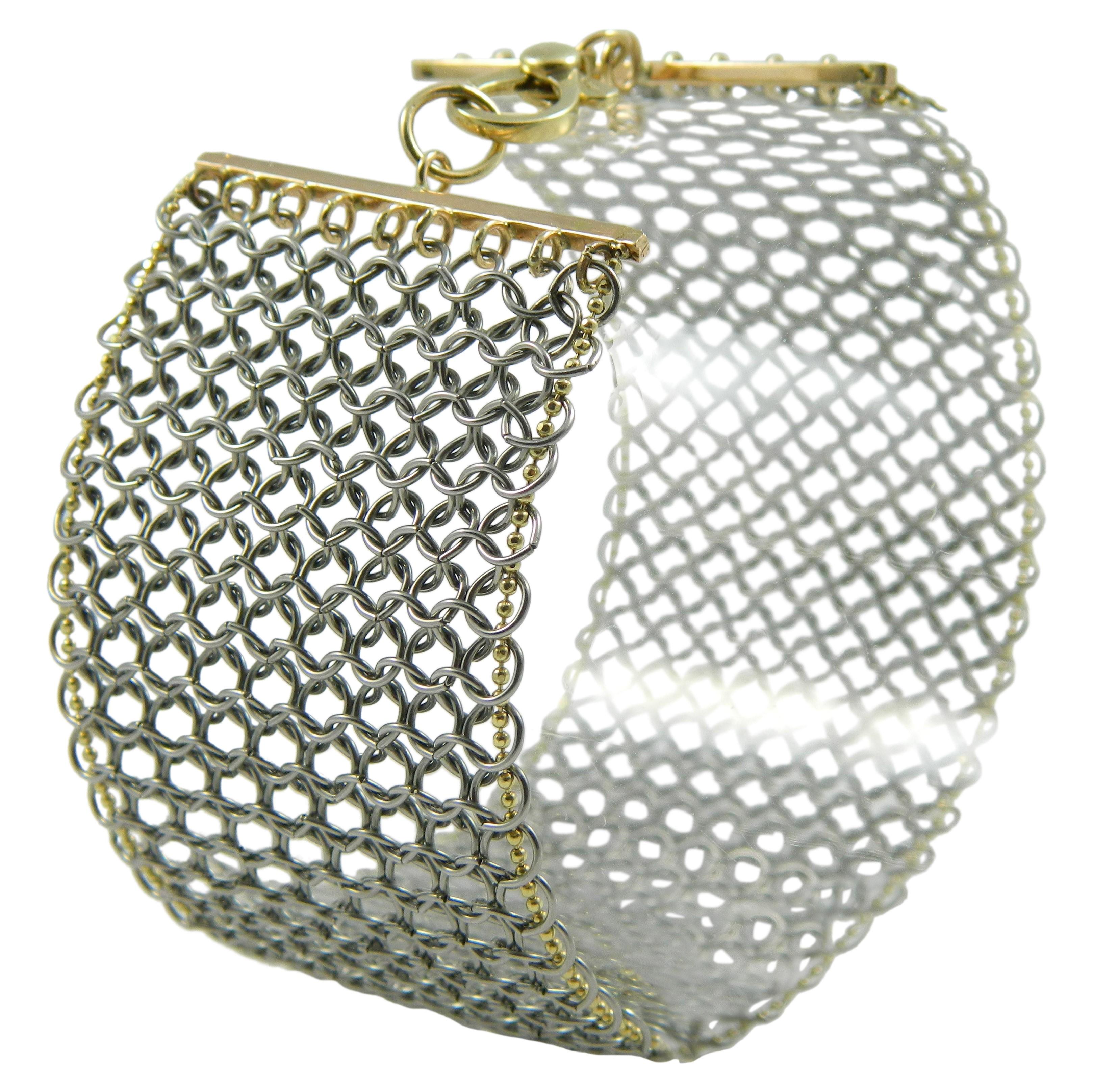 Contemporary Chainmail Bracelet in Stainless and 14K Chain woven into Perimeter with 14K Bars For Sale