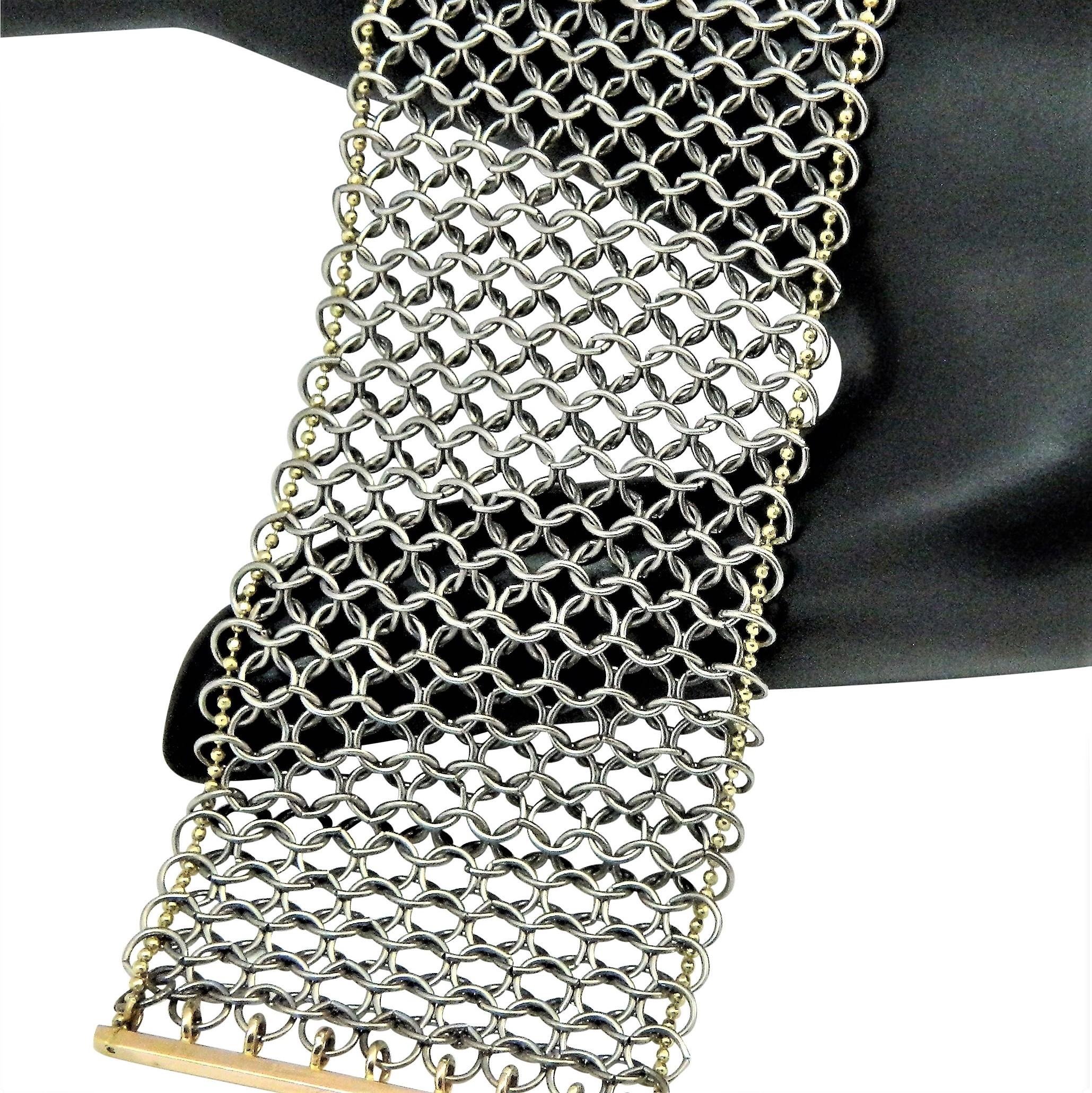 Chainmail Bracelet in Stainless and 14K Chain woven into Perimeter with 14K Bars In New Condition For Sale In Rutherford, NJ