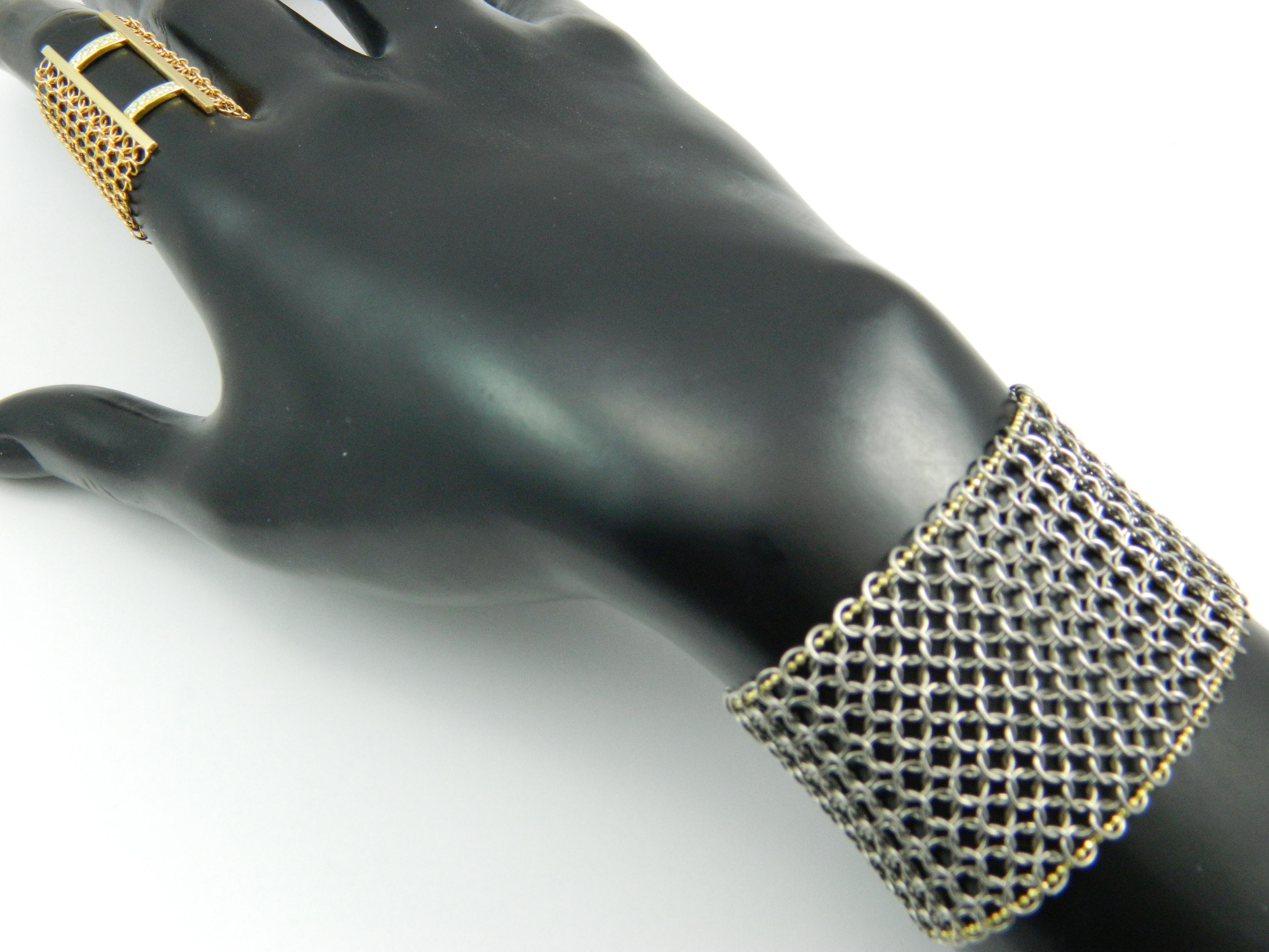 Women's or Men's Chainmail Bracelet in Stainless and 14K Chain woven into Perimeter with 14K Bars For Sale
