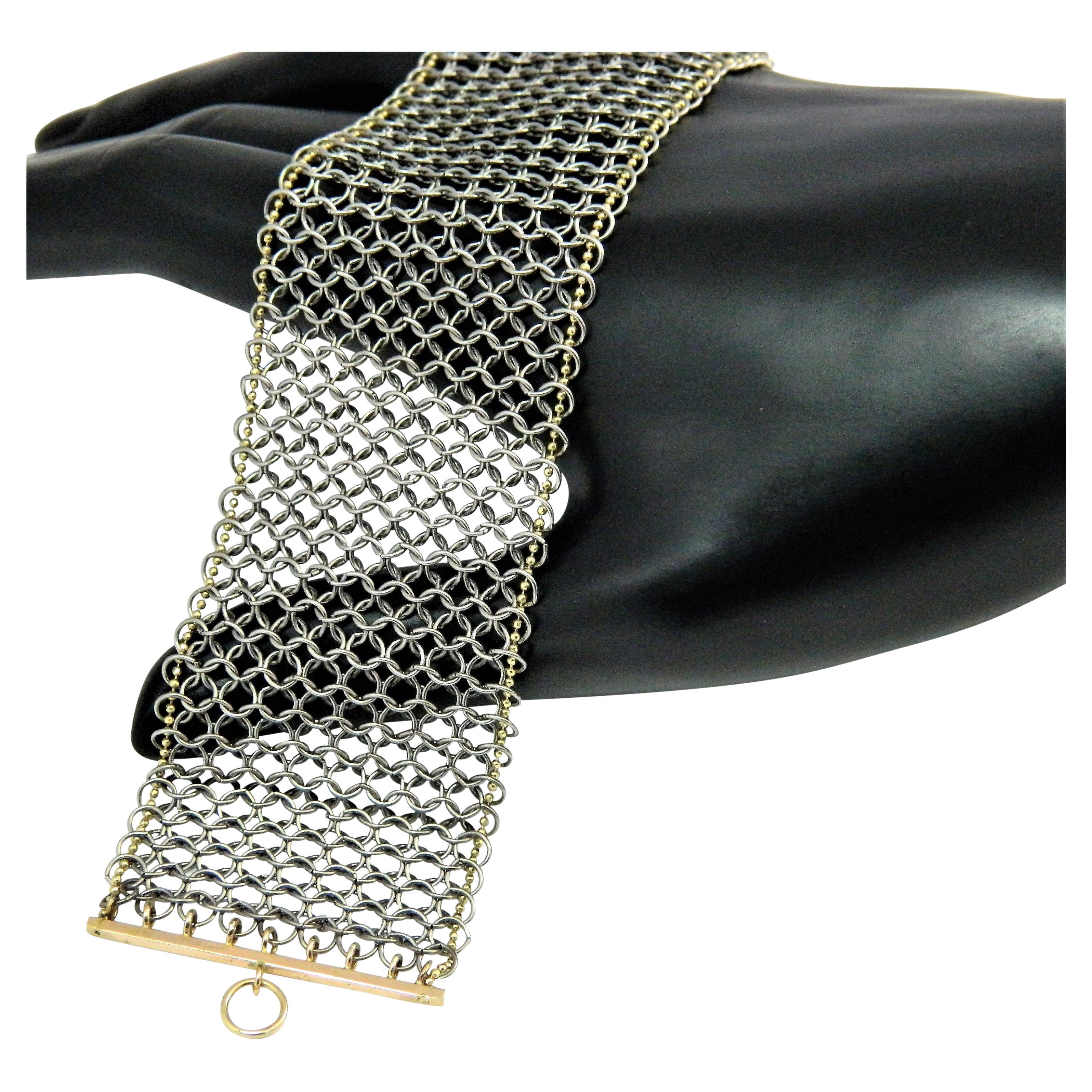 Chainmail Bracelet in Stainless and 14K Chain woven into Perimeter with 14K Bars For Sale