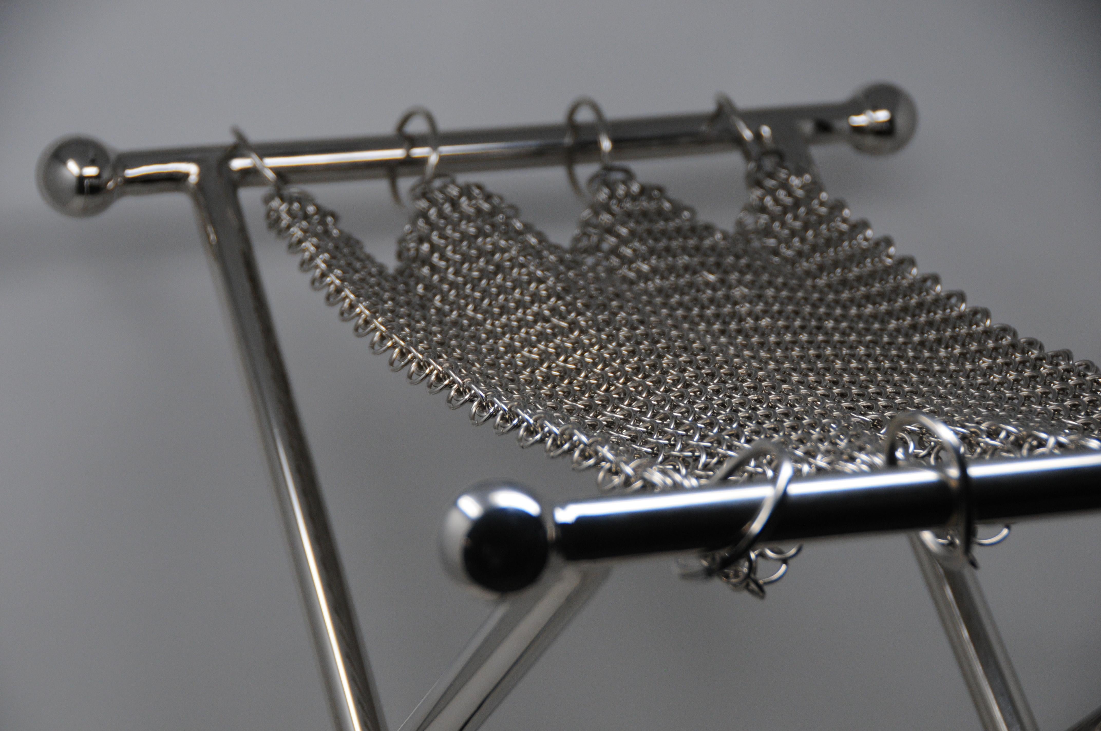 Post-Modern Chainmail Camping Sculptural Stool, Nickel Plated Steel Finish, Hand Linked Mesh For Sale