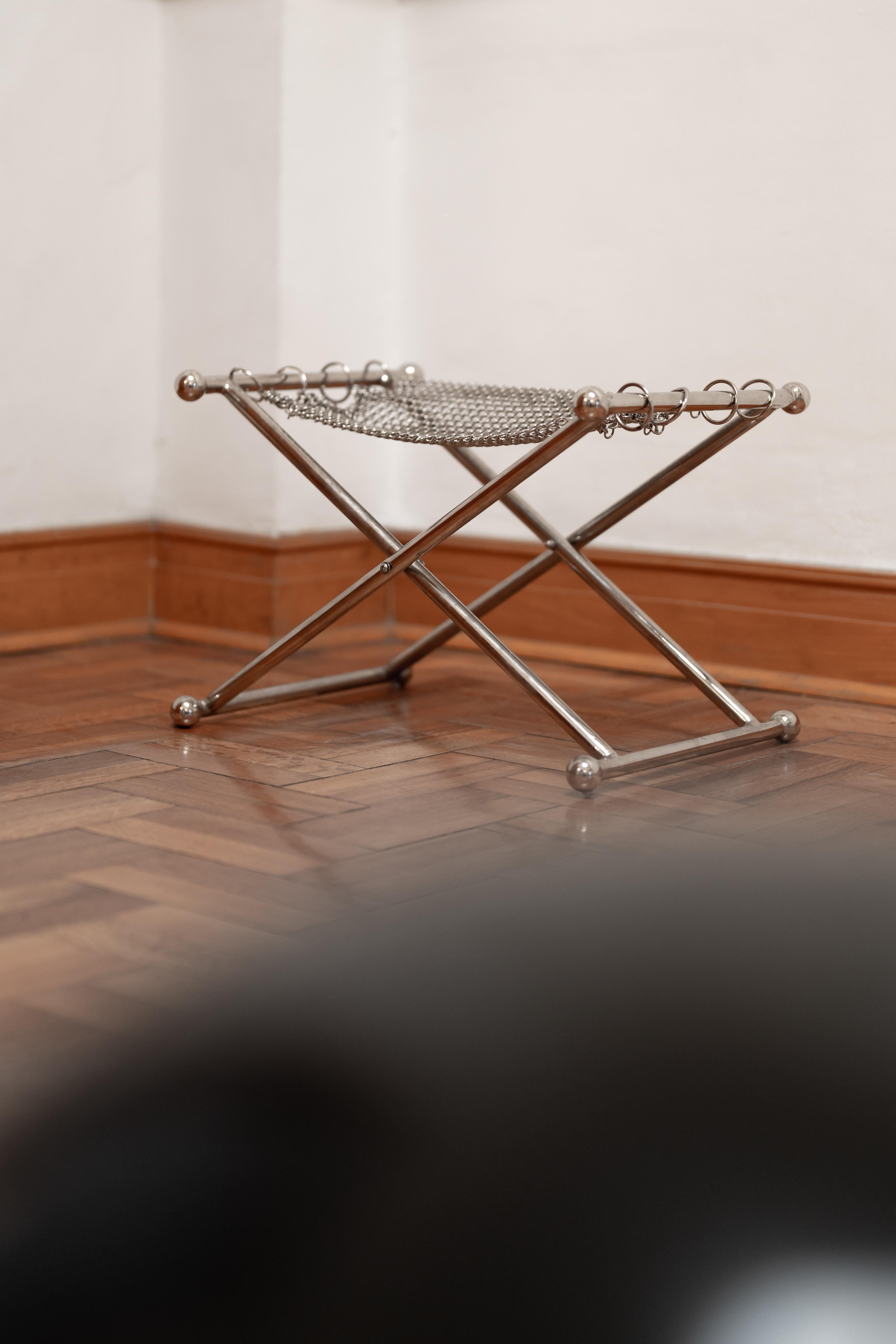 Chainmail Camping Sculptural Stool, Nickel Plated Steel Finish, Hand Linked Mesh For Sale 2