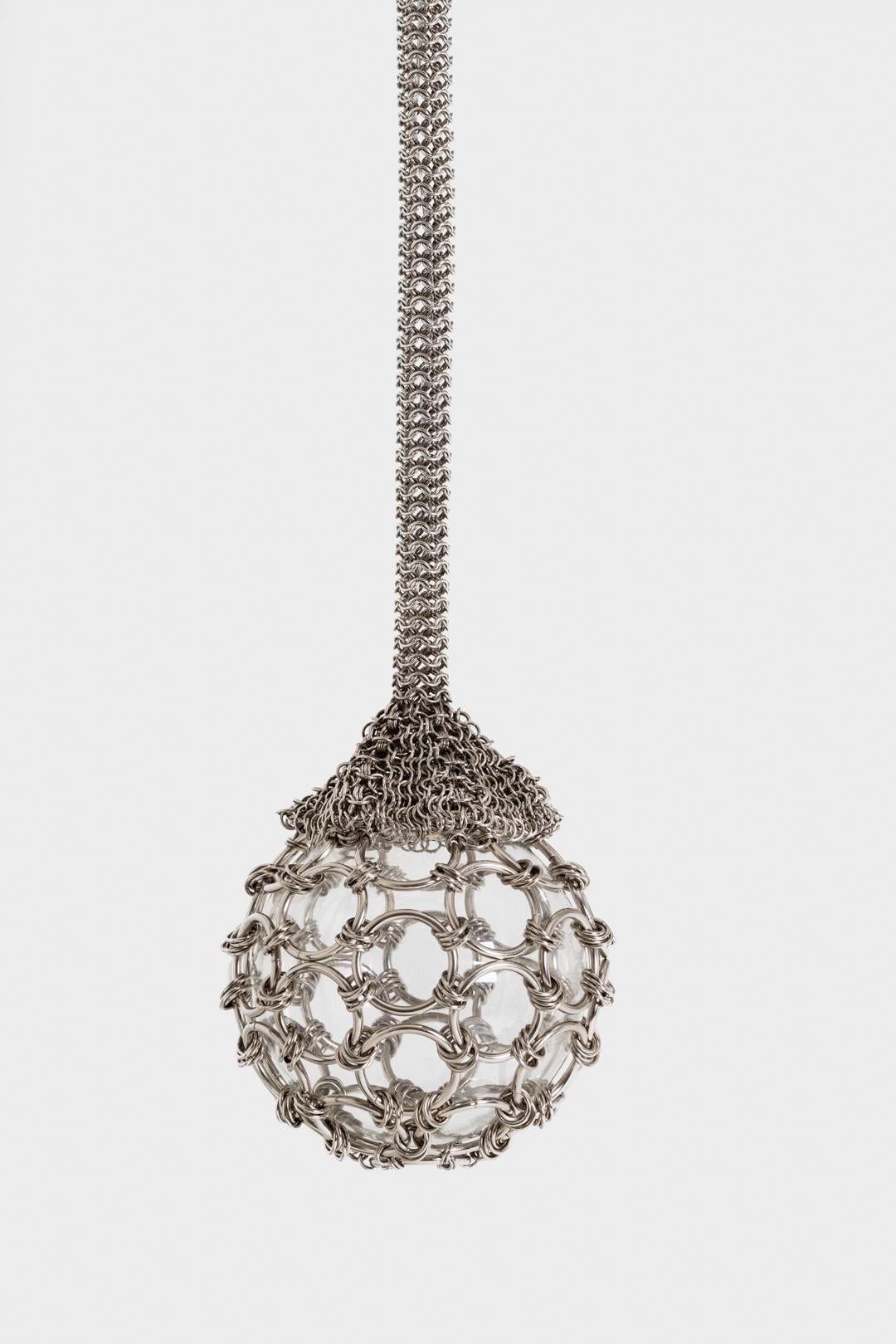 XXI secolo e contemporaneo Pendente Chainmail Droplet in acciaio nichelato, vetro, pannello a led di Panorammma in vendita