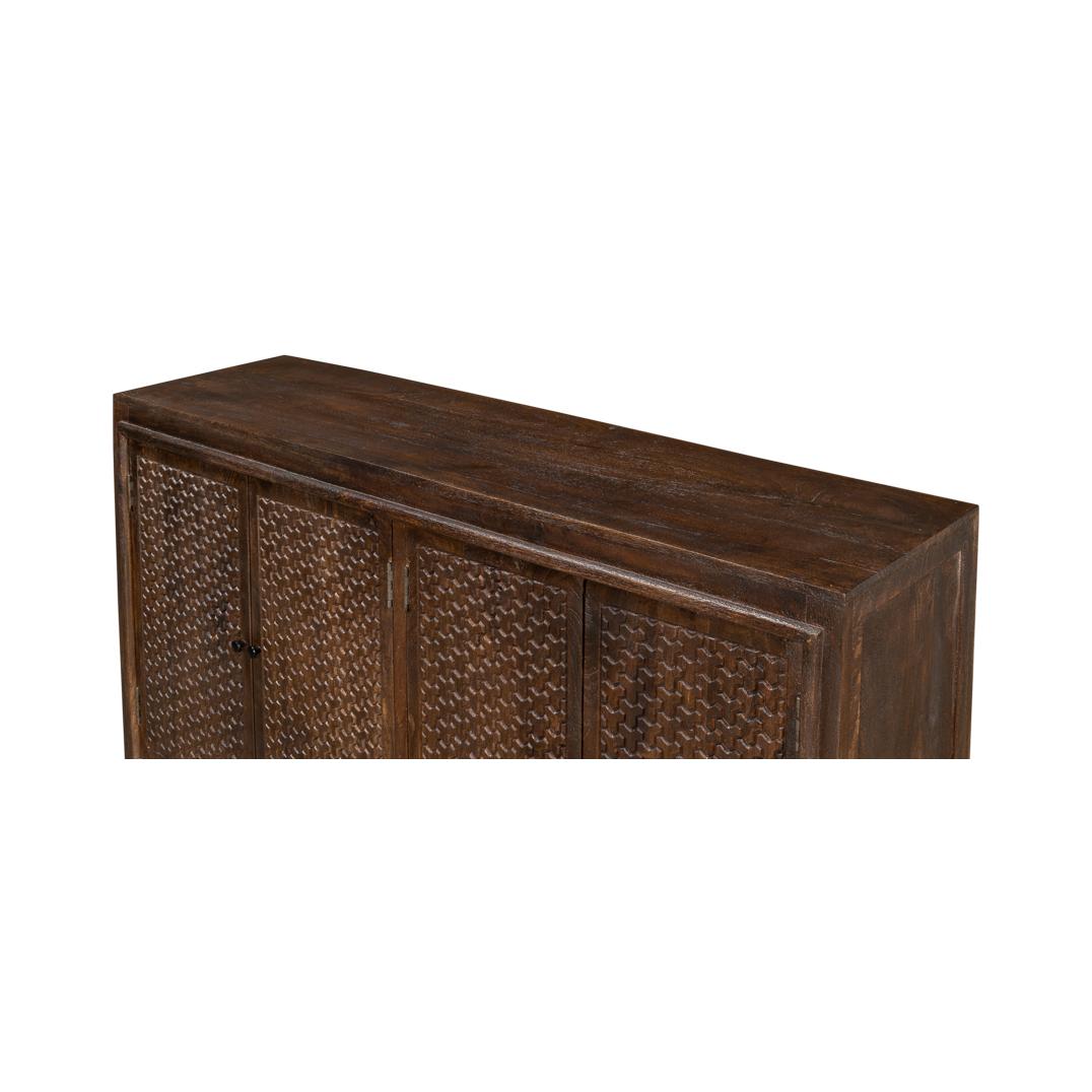 Asian Chainmail Pattern Carved Sideboard For Sale