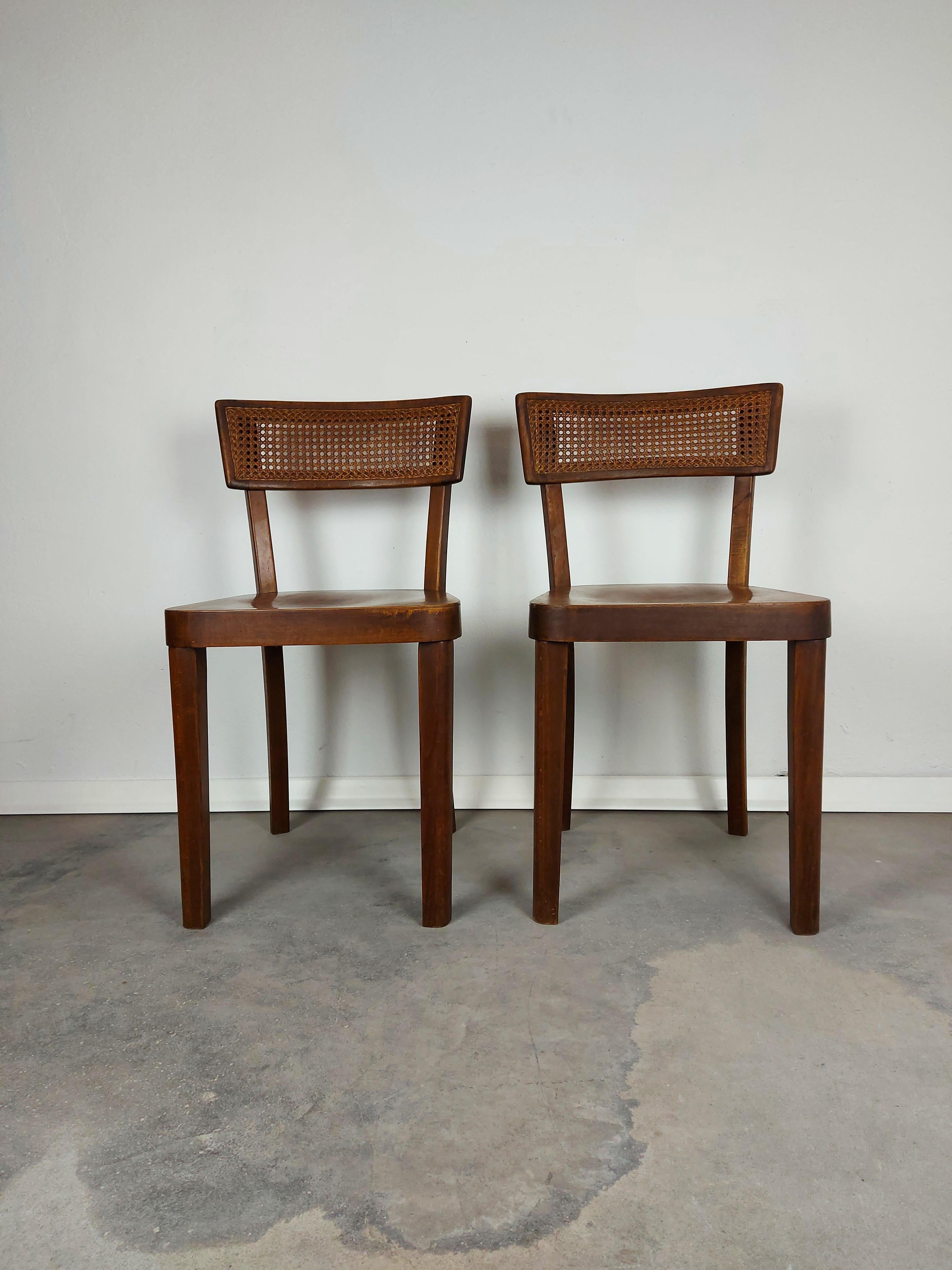 Rare dining chairs, Vienna cane. 
Material: wood, cane. 
Colour: Dark wood.
Period: 1940s. 
Condition: mint original condition.
Dimensions: H 82 x W 40 x D 40
Style: Mid-century.