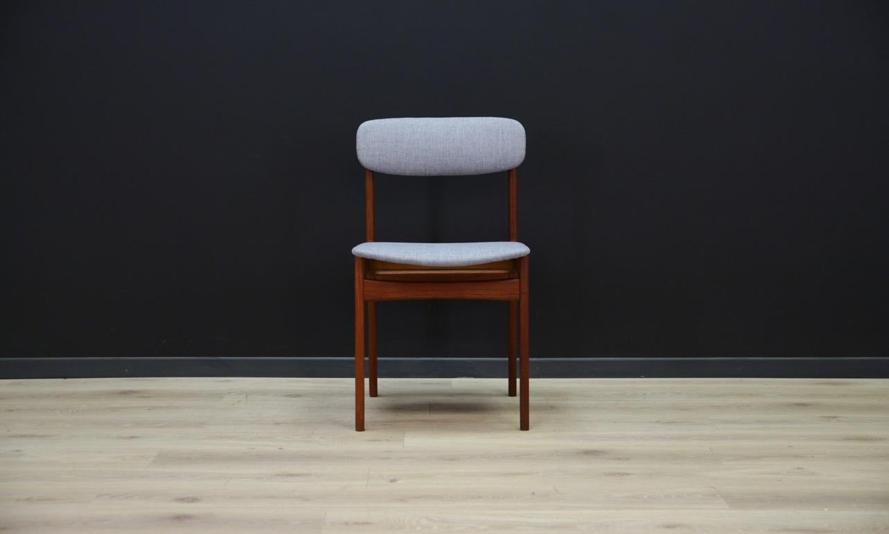 Chair from the 1960s-1970s, Minimalist form, Scandinavian design. New upholstery (color - grey), construction made of teak. Preserved in good condition (small bruises and scratches on wooden structure, filled veneer loss), directly for
