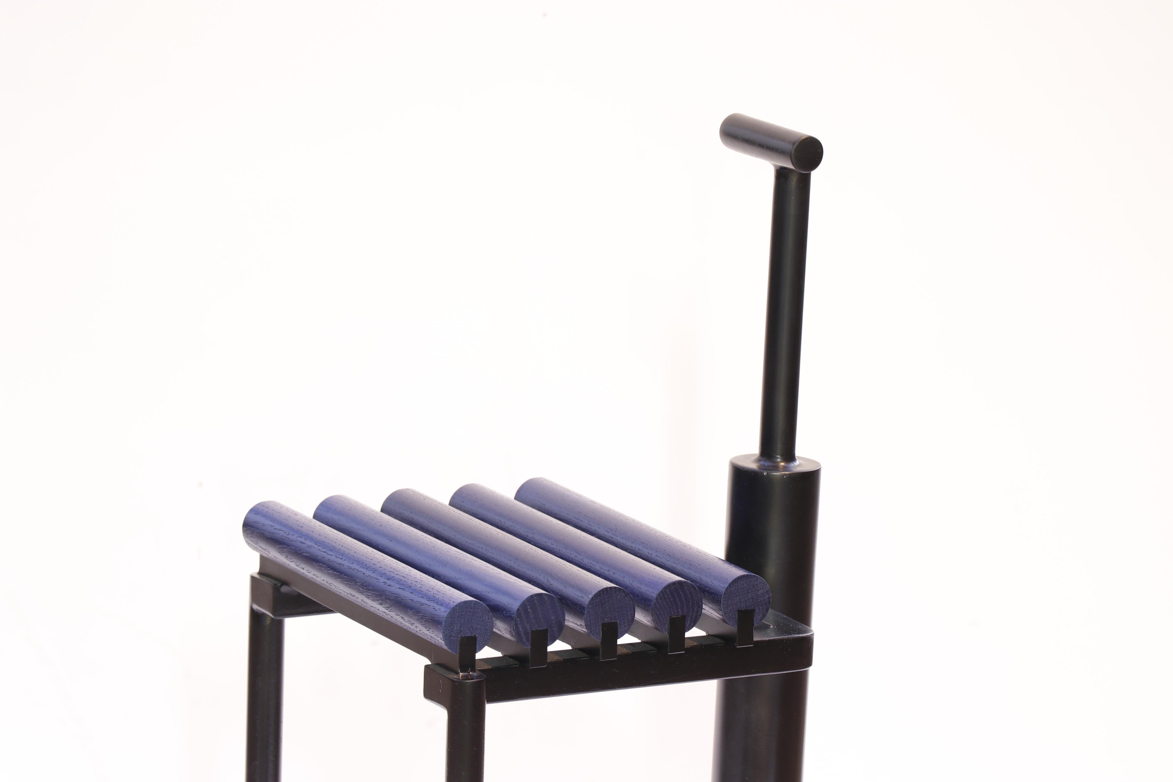 American Chair 9, Sculptural Chair in Steel and Oak, Metallic Blue and Black Painted For Sale