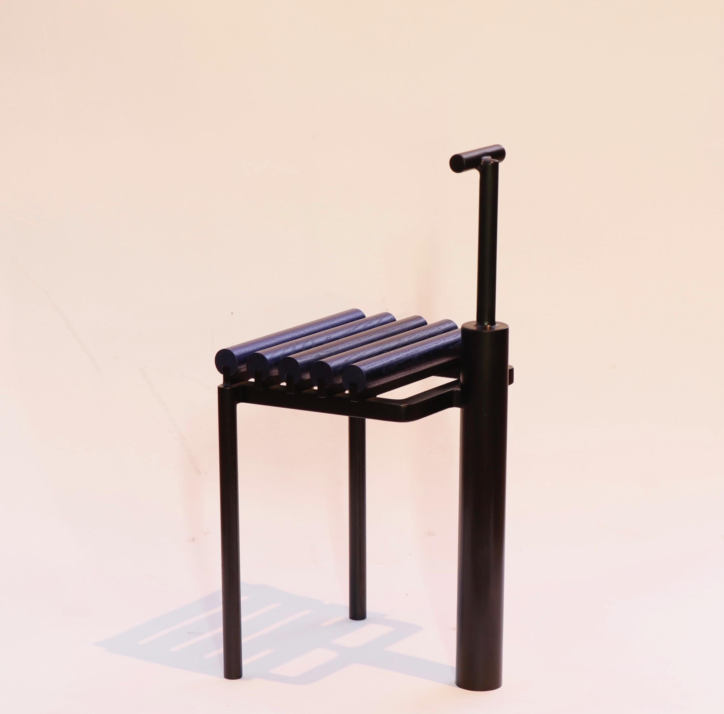 Chair 9, Sculptural Chair in Steel and Oak, Metallic Blue and Black Painted In New Condition For Sale In Baltimore, MD