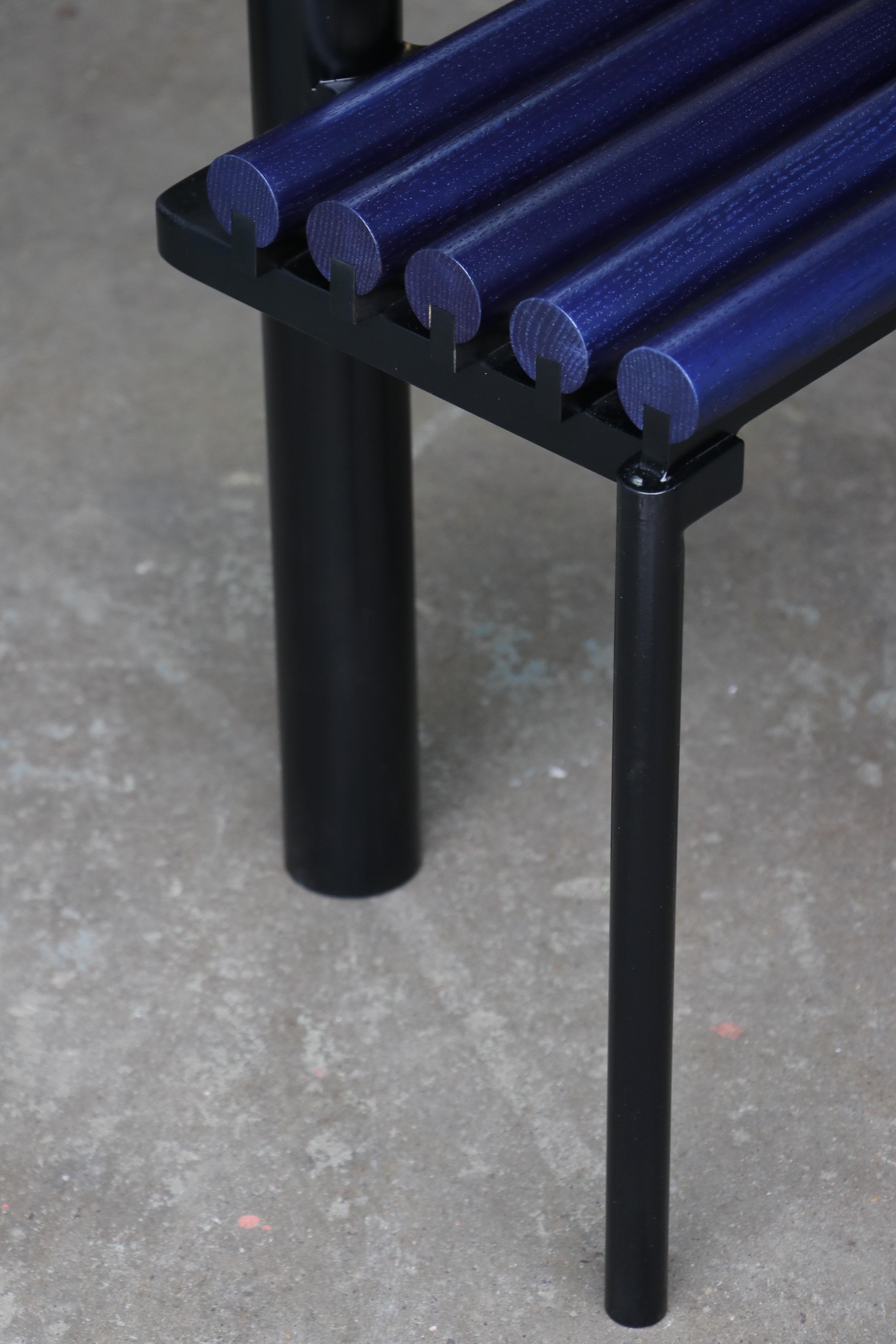 Contemporary Chair 9, Sculptural Chair in Steel and Oak, Metallic Blue and Black Painted For Sale