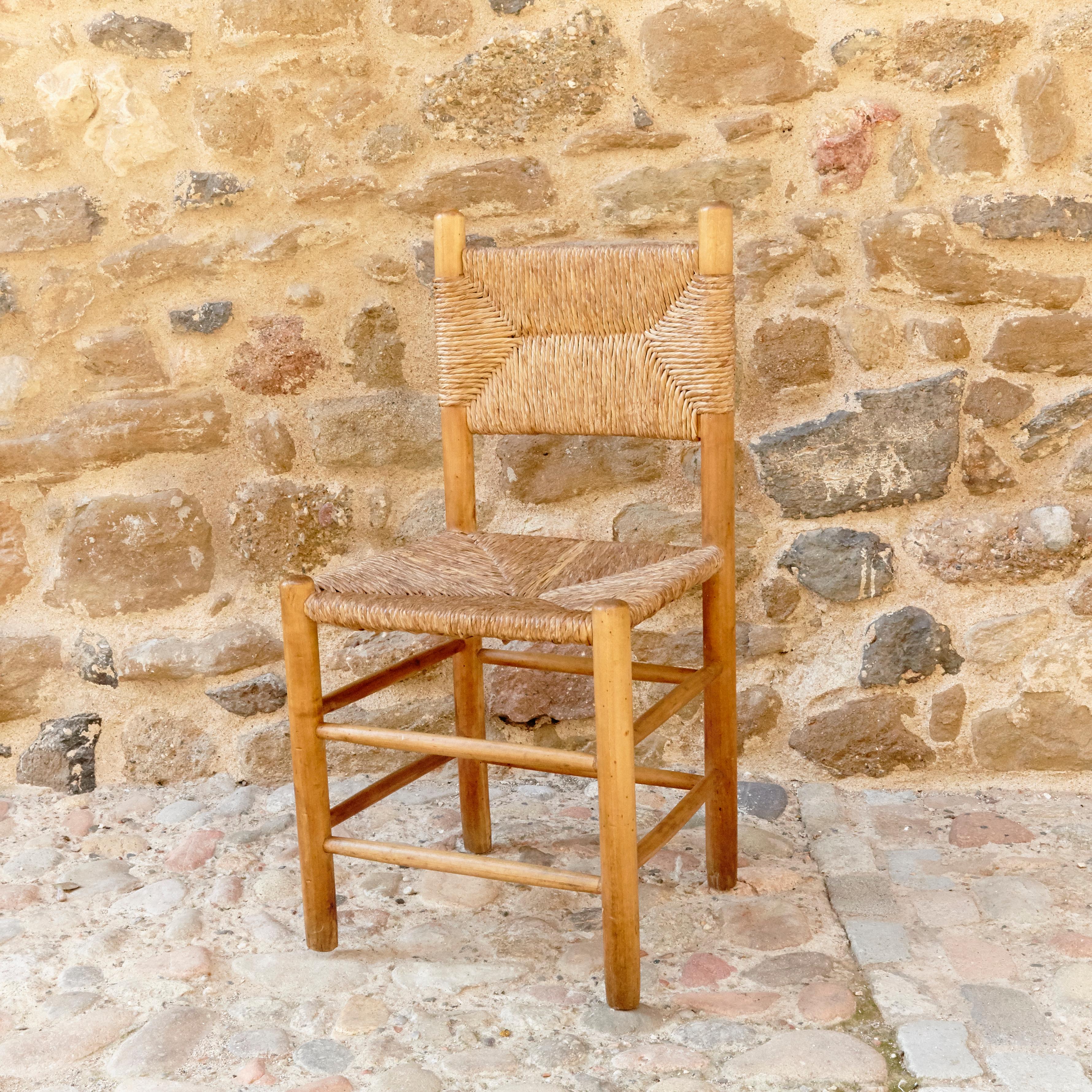 French Chair after Charlotte Perriand, Wood Rattan, Mid-Century Modern