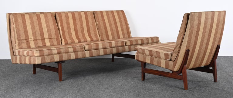 A rare set of Jens Risom upholstered furniture pieces, circa 1940-1950s. It seems to be a difficult model to come across upon our research we did not see any information in the Jens Risom book by Phaidon. This set would look stunning with new