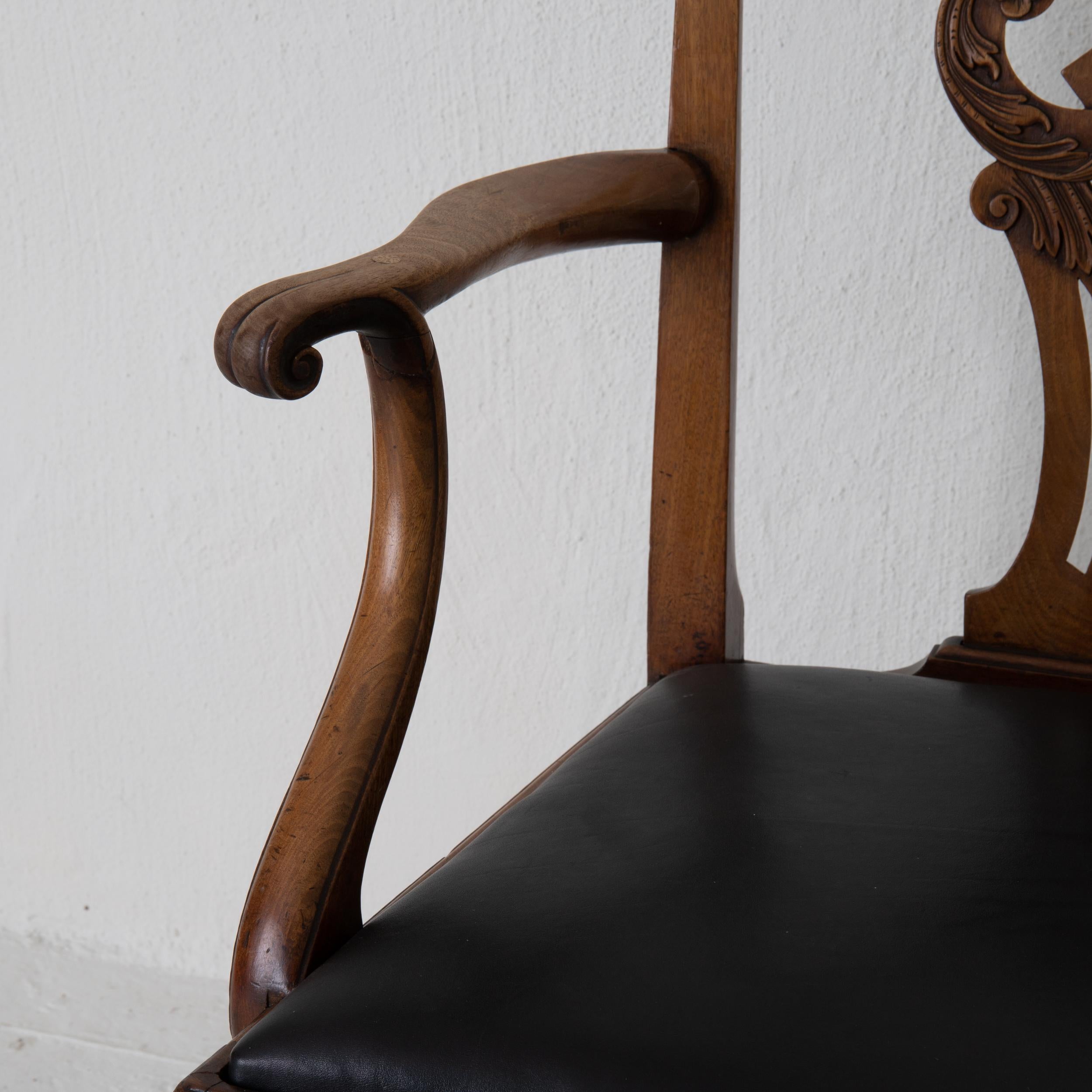 Wood Chair Armchair English Chippendale 18th Century Brown Black, England For Sale