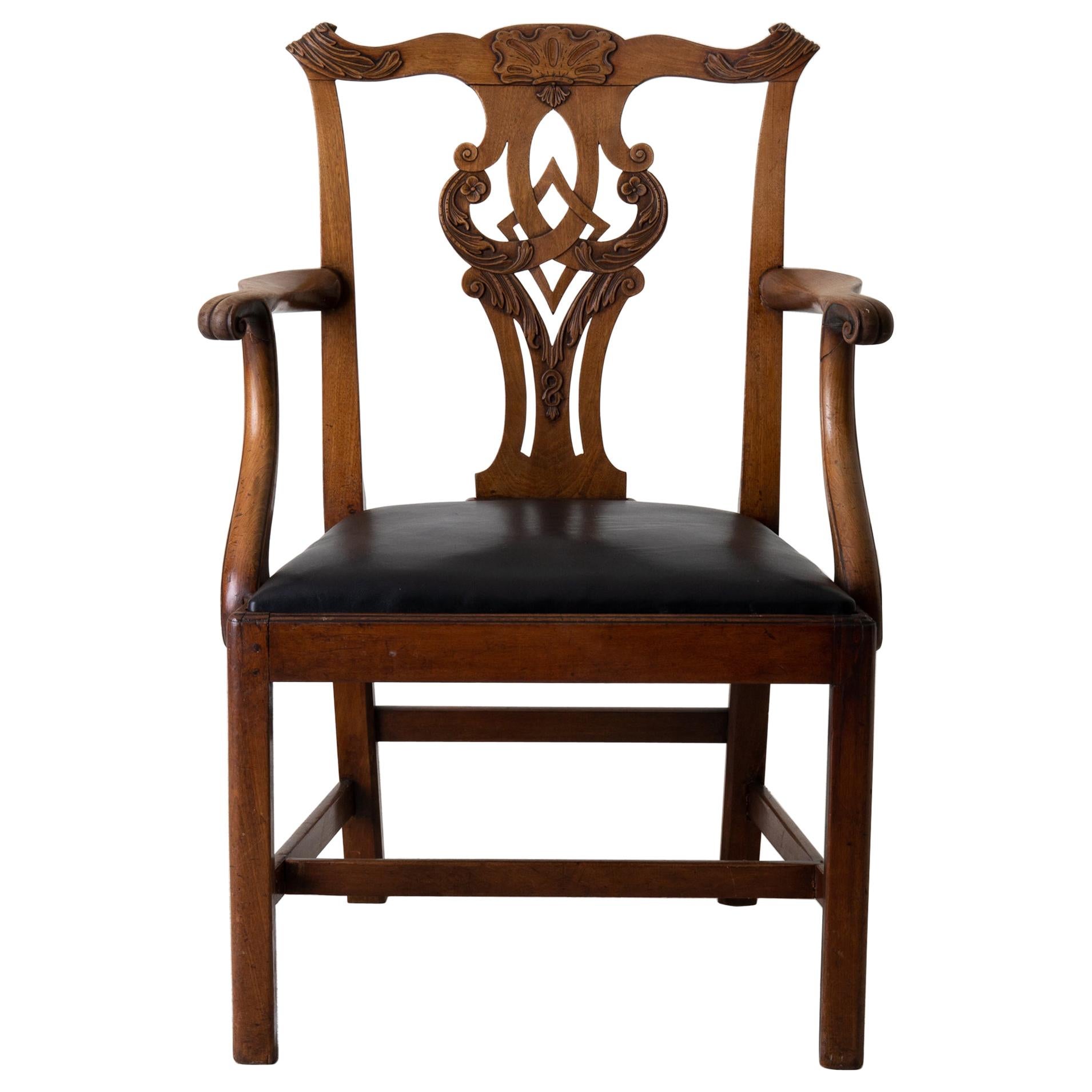 Chair Armchair English Chippendale 18th Century Brown Black, England For Sale