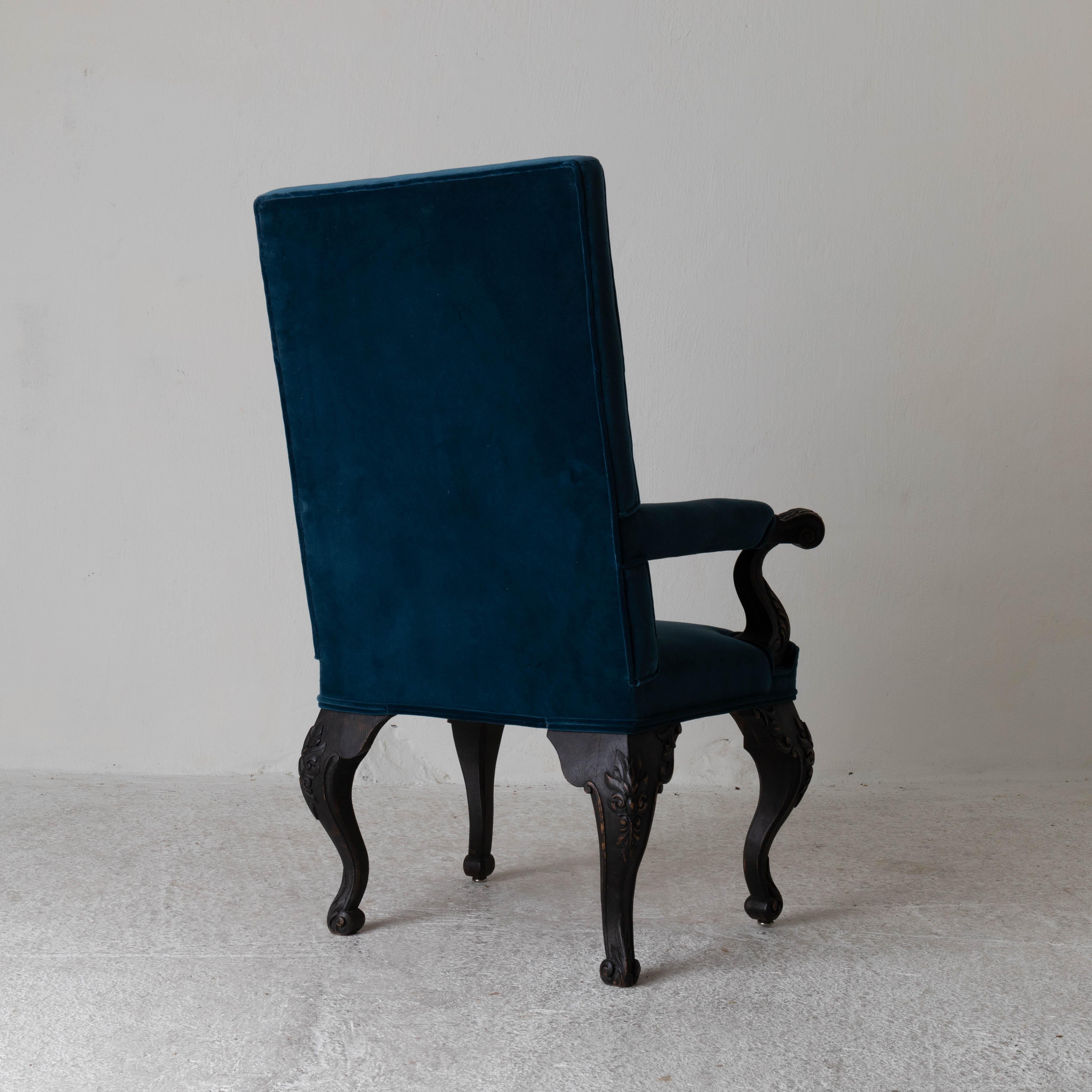 Baroque Chair Armchair Swedish 19th Century Black Frame Blue Upholstery Sweden