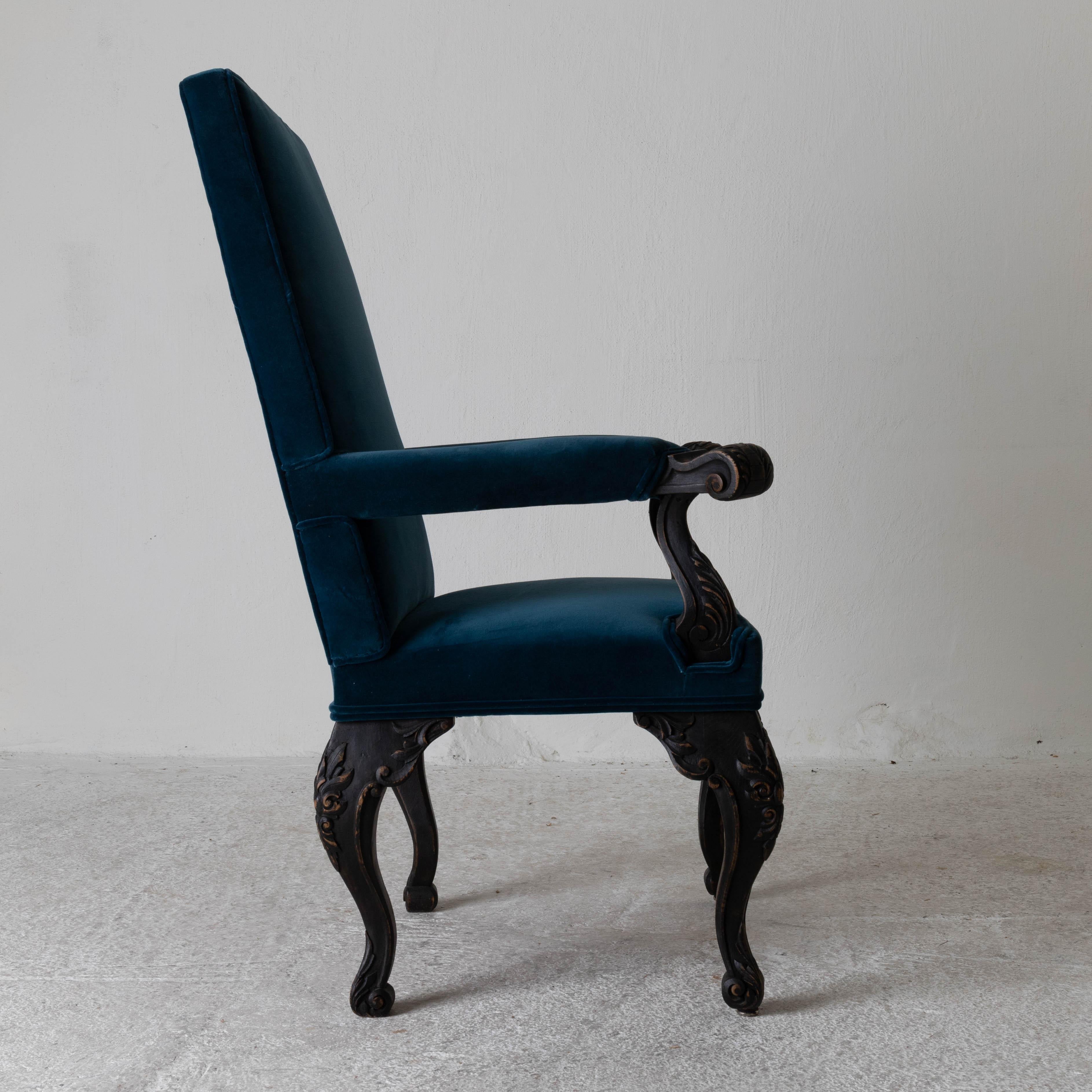 Hand-Painted Chair Armchair Swedish 19th Century Black Frame Blue Upholstery Sweden